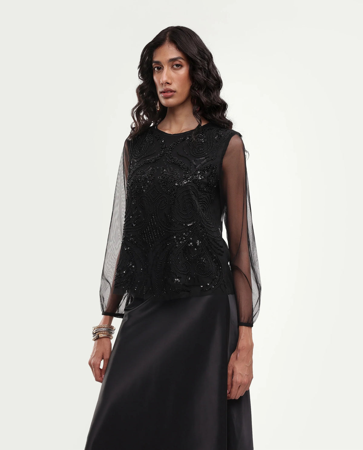 Rareism Women's Gup Primary Black Polyester Relaxed Embroidered Top