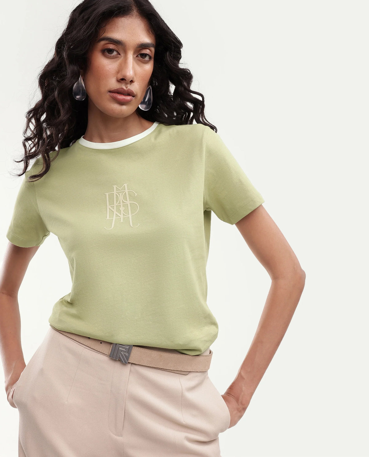 Rareism Women's Cosmes Light Green Cotton Crew Neck Regular Hd Print T-Shirt