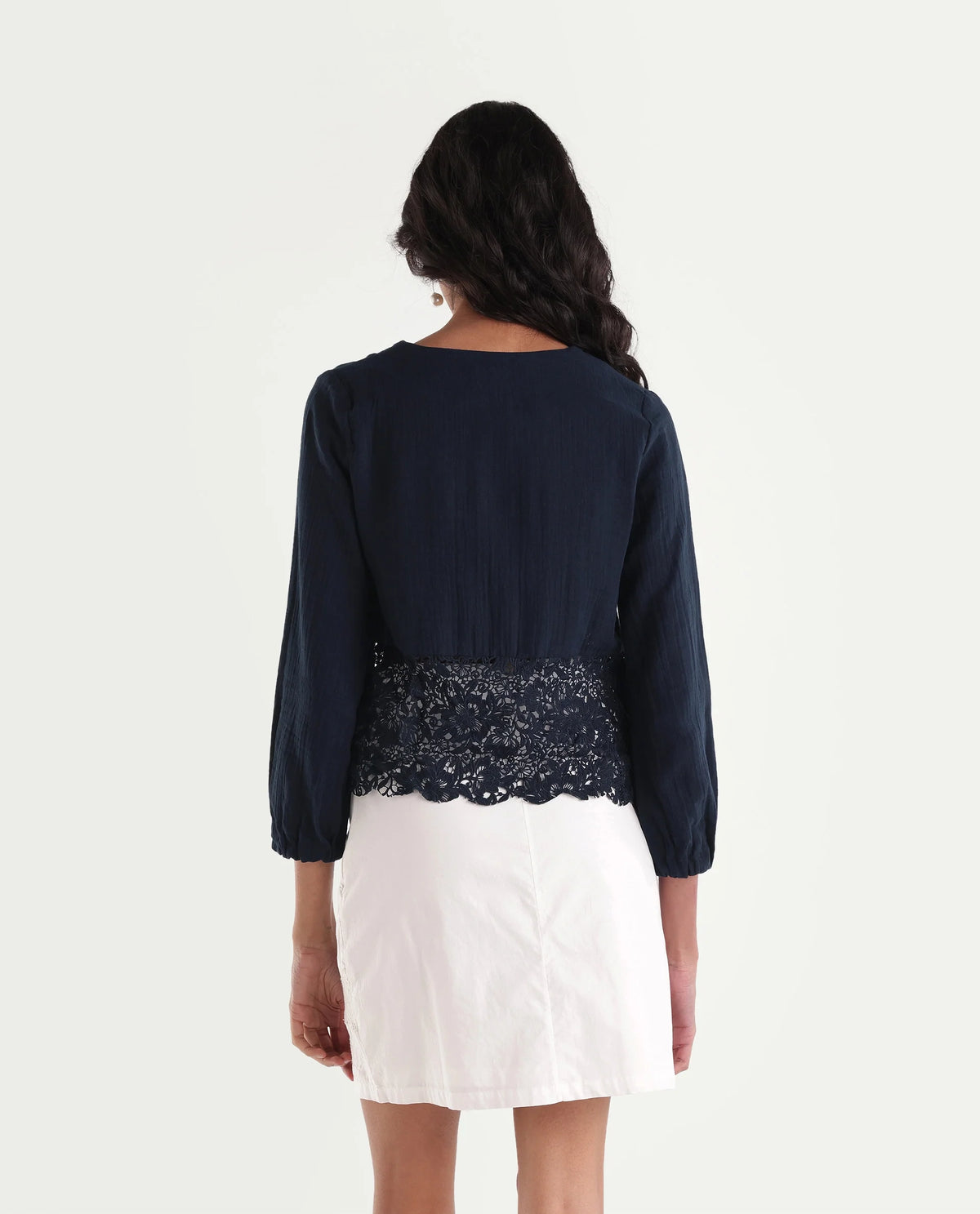 Rareism Women's Sinloao-N Dark Navy Cotton V-Neck Blouse Woven Design Top