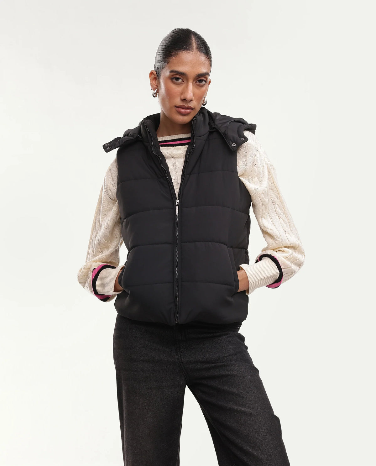 Rareism Women's Gem Black Polyester Hooded Regular Plain Jacket