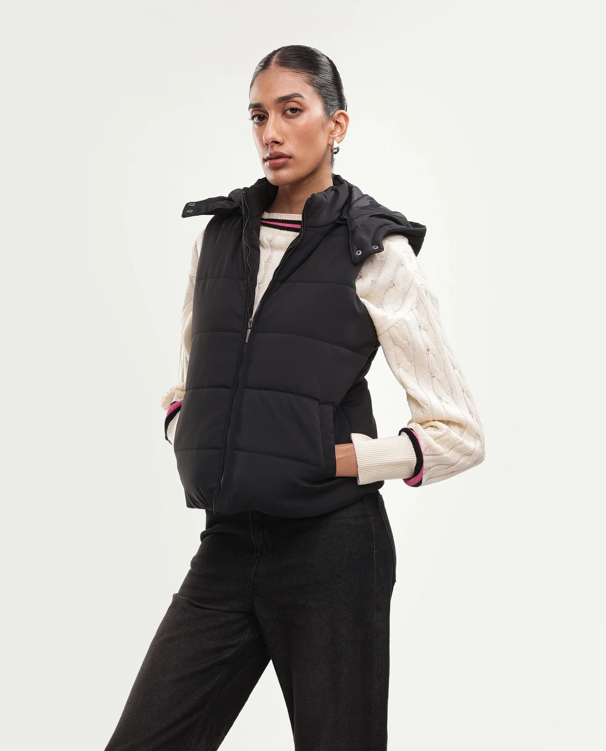 Rareism Women's Gem Black Polyester Hooded Regular Plain Jacket