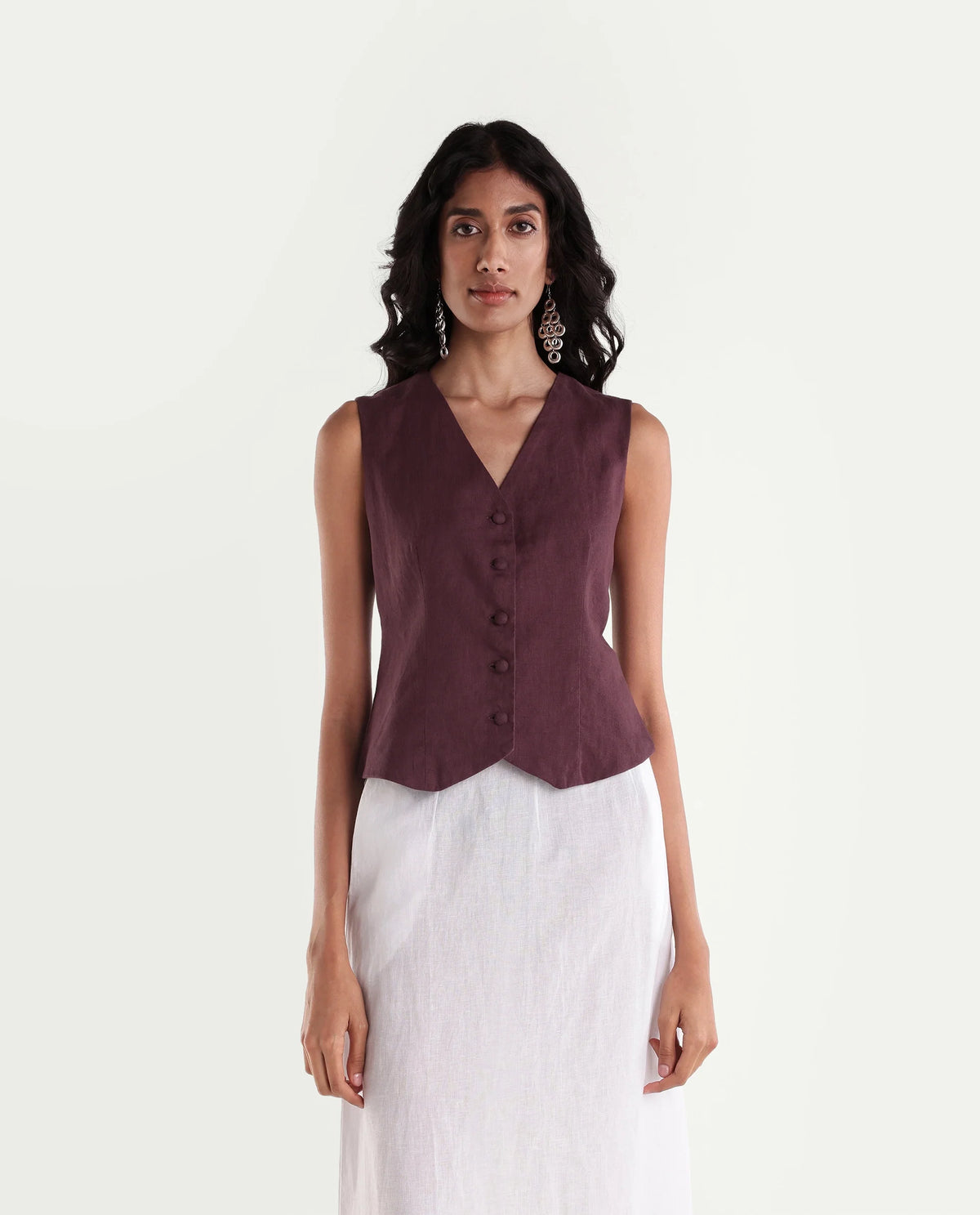 Rareism Women's Rubon-T Dusky Maroon 100% Linen V-Neck Regular Plain Waist Coat