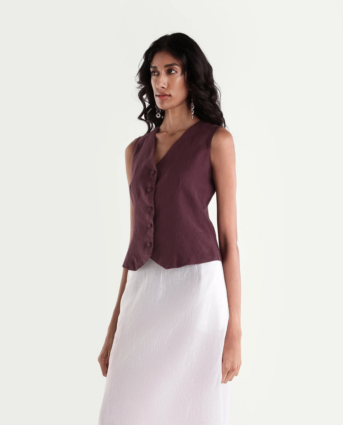 Rareism Women's Rubon-T Dusky Maroon 100% Linen V-Neck Regular Plain Waist Coat