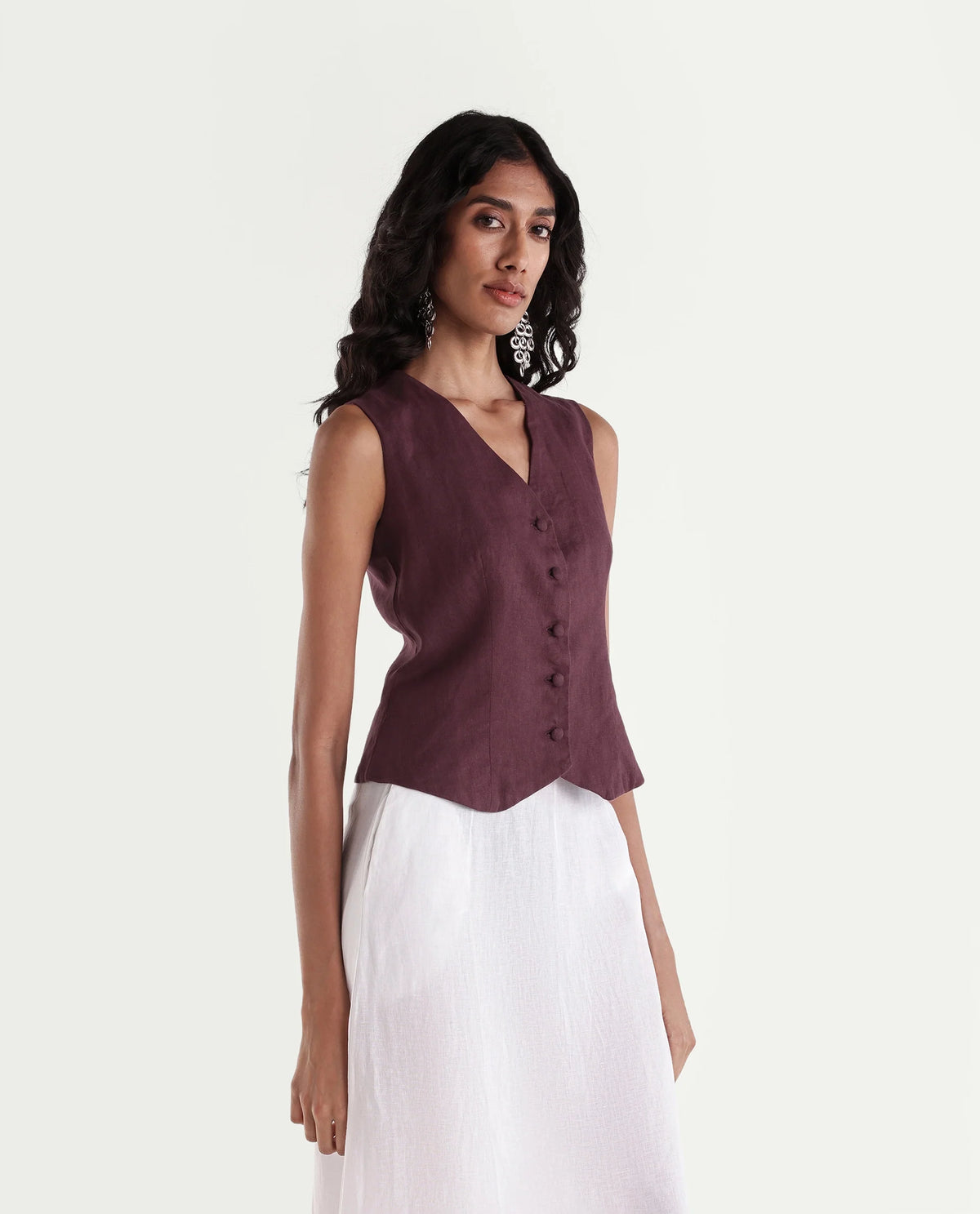 Rareism Women's Rubon-T Dusky Maroon 100% Linen V-Neck Regular Plain Waist Coat