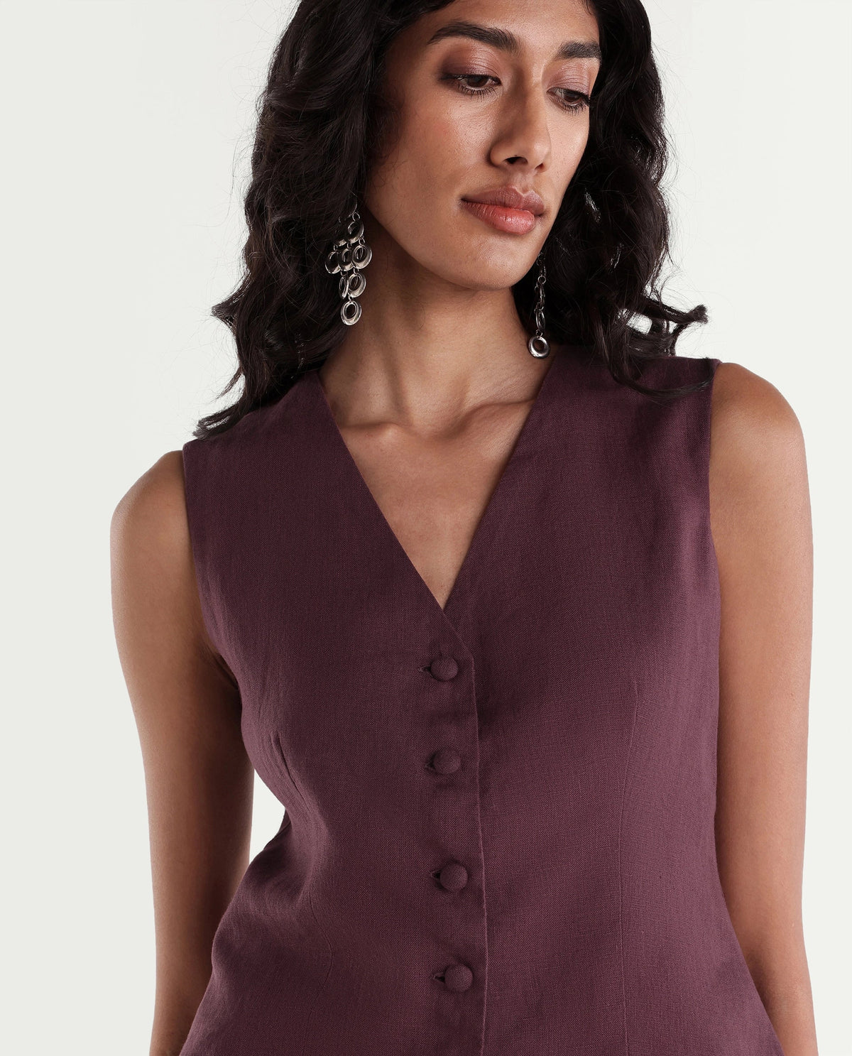 Rareism Women's Rubon-T Dusky Maroon 100% Linen V-Neck Regular Plain Waist Coat