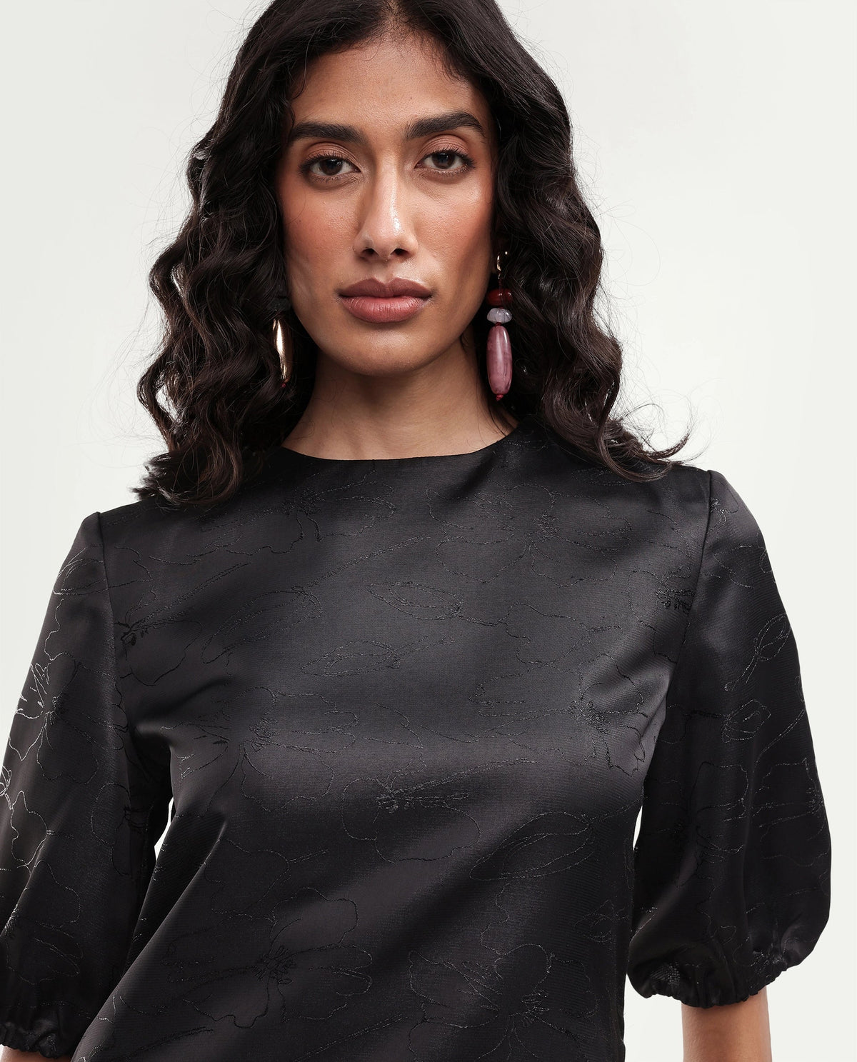 Rareism Women's Xenet Black Polyester Crew Neck Regular Jacquard Top