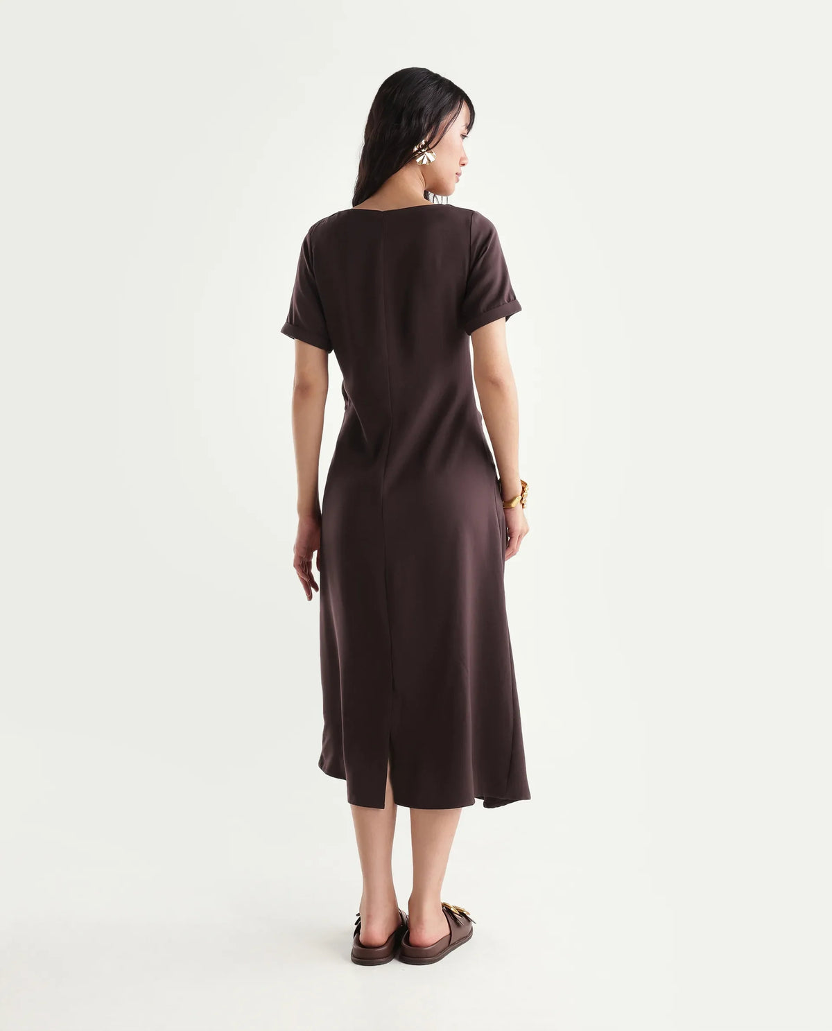 Rareism Women's Xavim Dark Brown Polyester Crew Neck Sheath Plain Dress