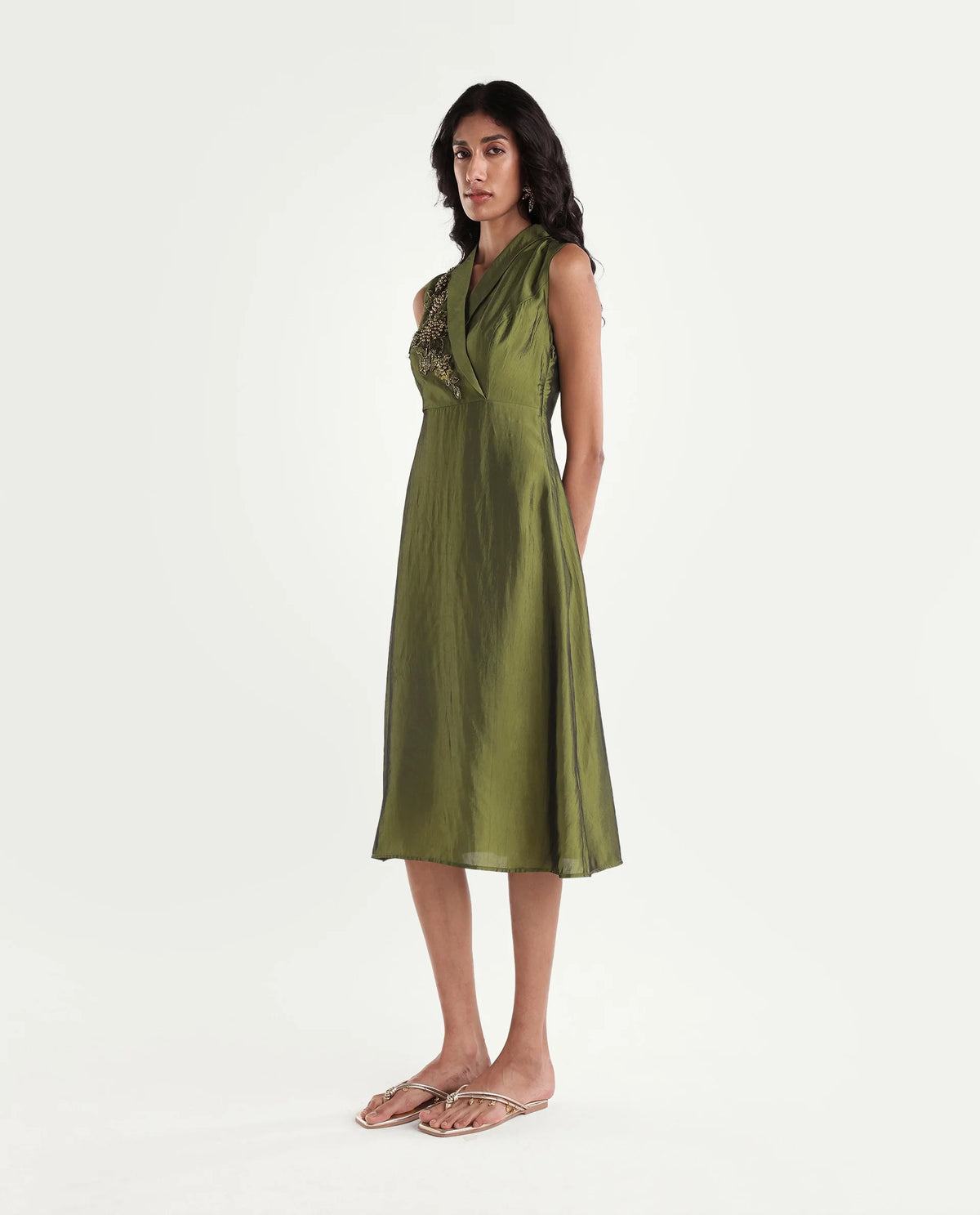 Rareism Women's Xanew Olive Viscose Blend Band Collar Fit And Flare Plain Dress