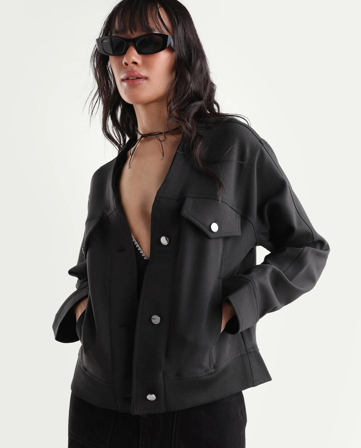 Rareism Women's Ipek Primary Black Polyester Blend V-Neck Regular Plain Jacket