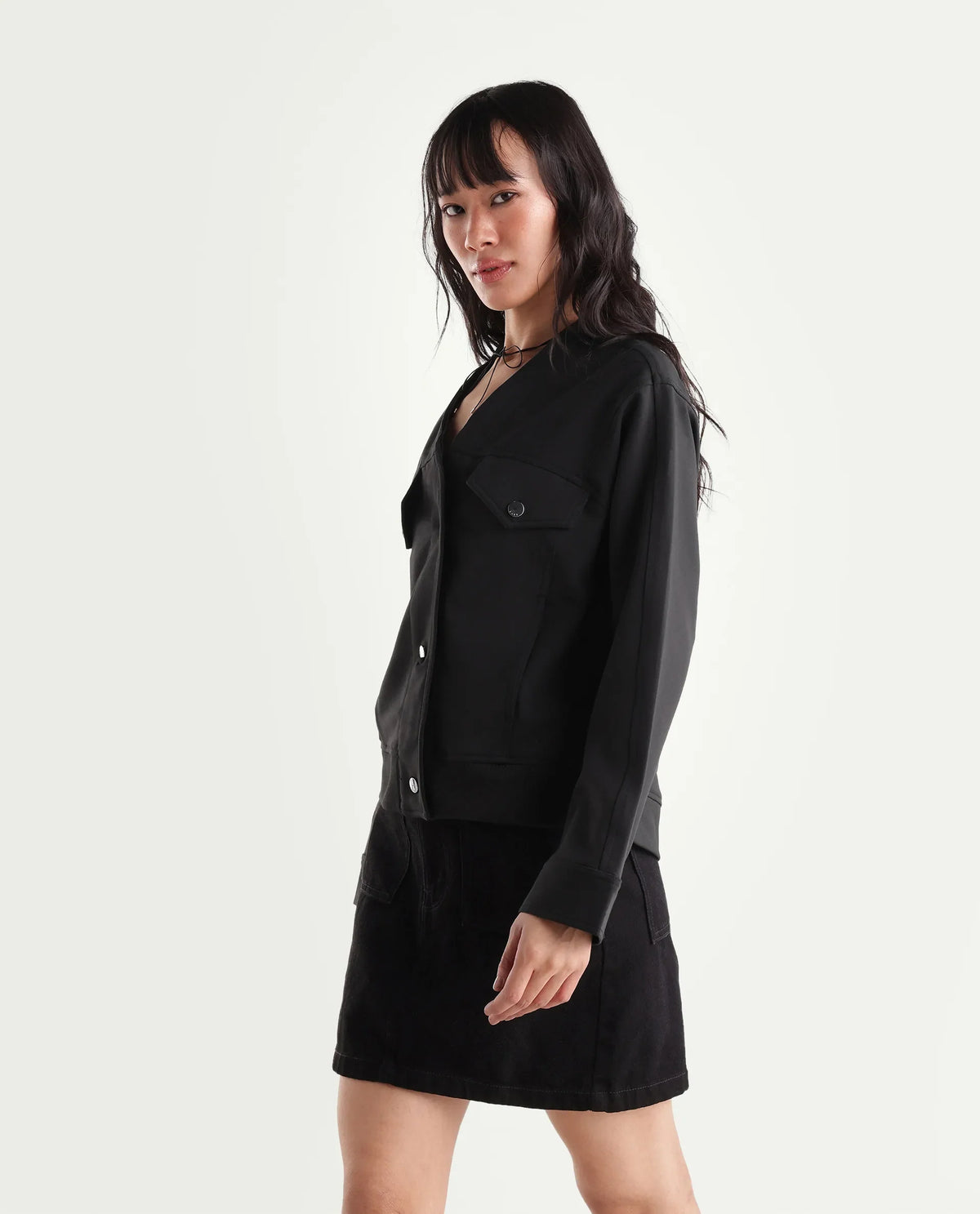 Rareism Women's Ipek Primary Black Polyester Blend V-Neck Regular Plain Jacket