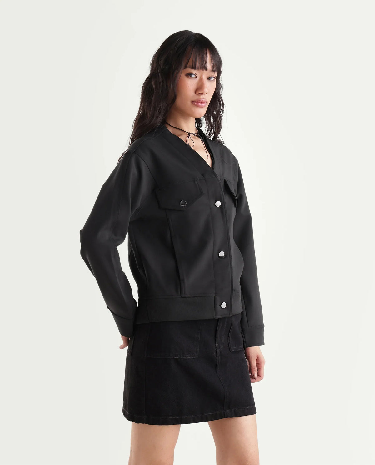Rareism Women's Ipek Primary Black Polyester Blend V-Neck Regular Plain Jacket