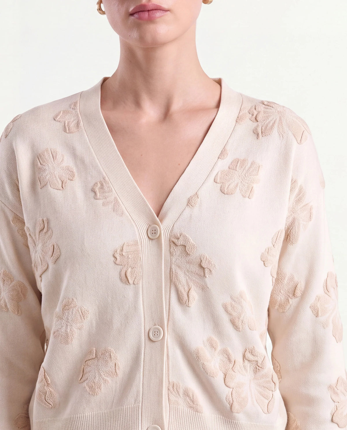 Rareism Women's Lamol Primary Off White Acrylic Blend V-Neck Relaxed Floral Print Cardigan