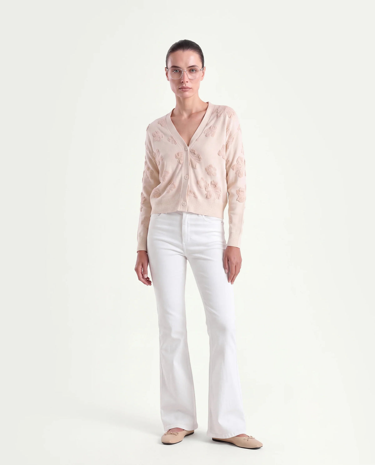 Rareism Women's Lamol Primary Off White Acrylic Blend V-Neck Relaxed Floral Print Cardigan