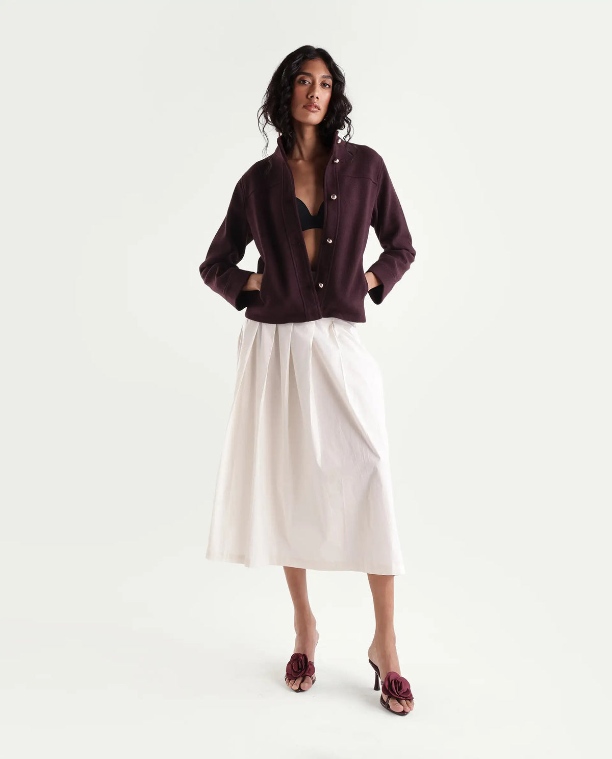 Rareism Women's Kliop Dark Maroon Polyester Blend Stand Collar Button Regular Plain Jacket