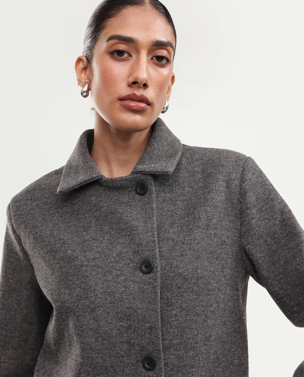 Rareism Women's Kinter Grey Polyester Blend Spread Collar Button Regular Plain Jacket