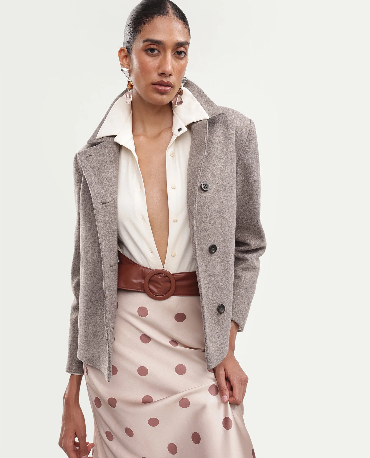 Rareism Women's Kinter Dusky Beige Polyester Blend Spread Collar Button Regular Plain Jacket