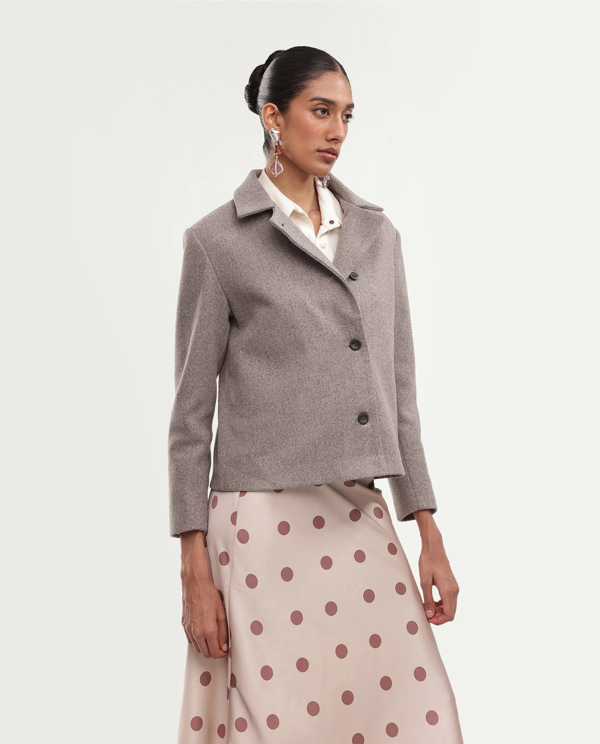 Rareism Women's Kinter Dusky Beige Polyester Blend Spread Collar Button Regular Plain Jacket