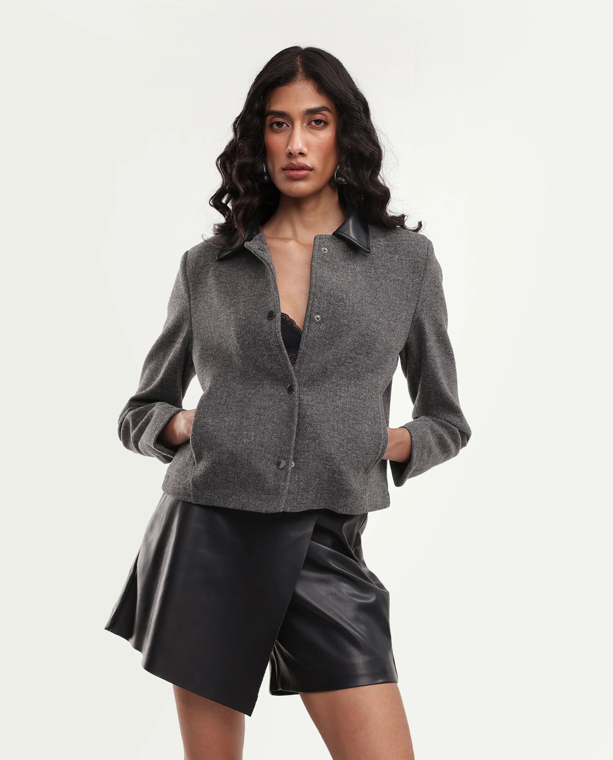 Rareism Women's Kiko Grey Polyester Blend Spread Collar Button Regular Plain Jacket