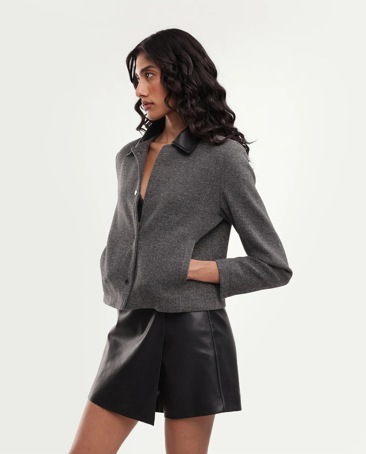 Rareism Women's Kiko Grey Polyester Blend Spread Collar Button Regular Plain Jacket