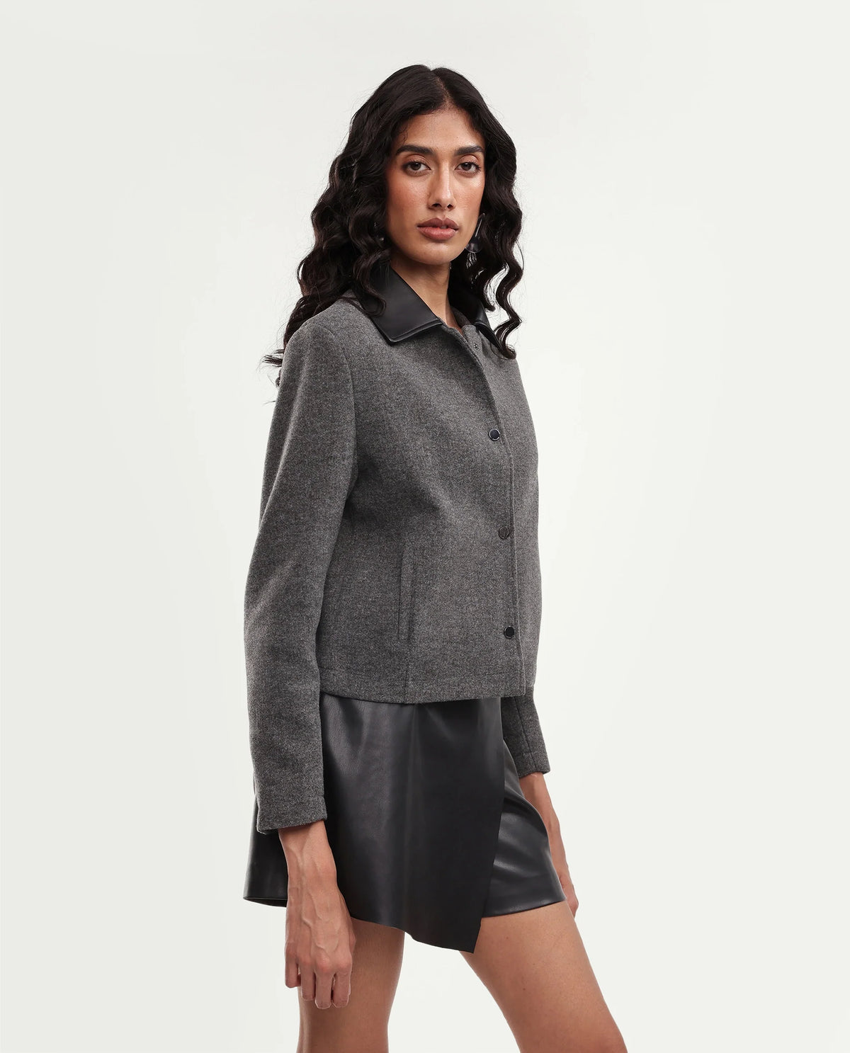 Rareism Women's Kiko Grey Polyester Blend Spread Collar Button Regular Plain Jacket