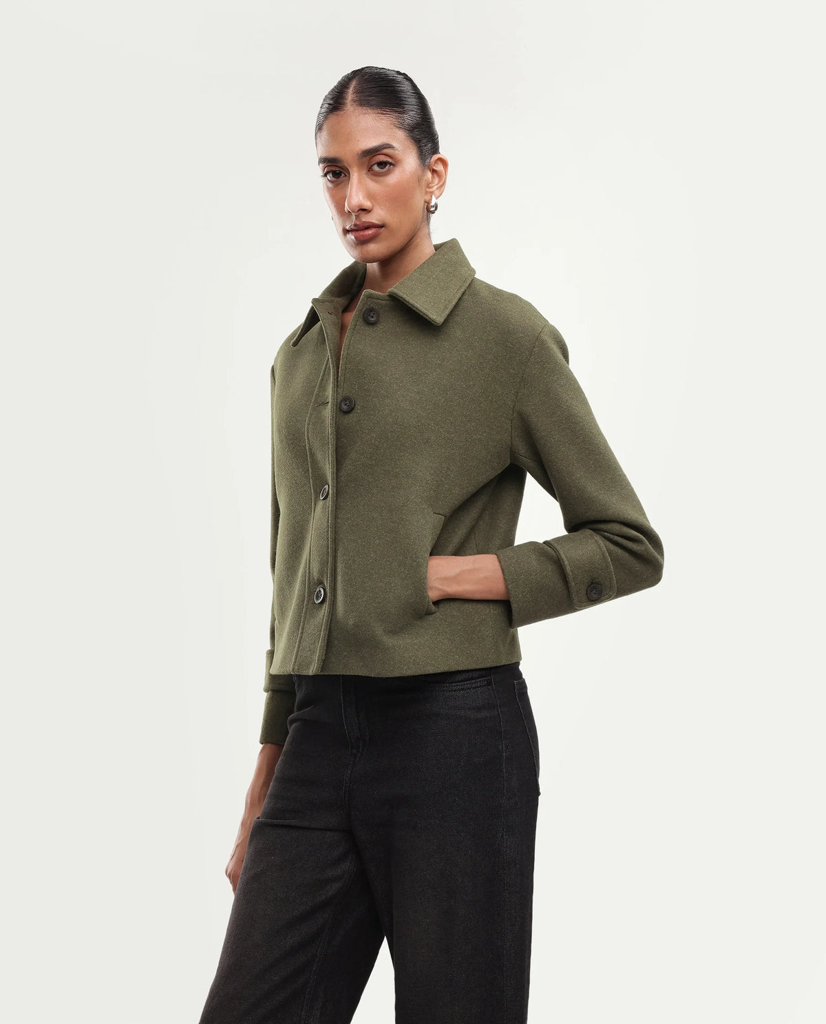 Rareism Women's Nikzoaw26 Green Polyester Blend Spread Collar Button Relaxed Plain Jacket