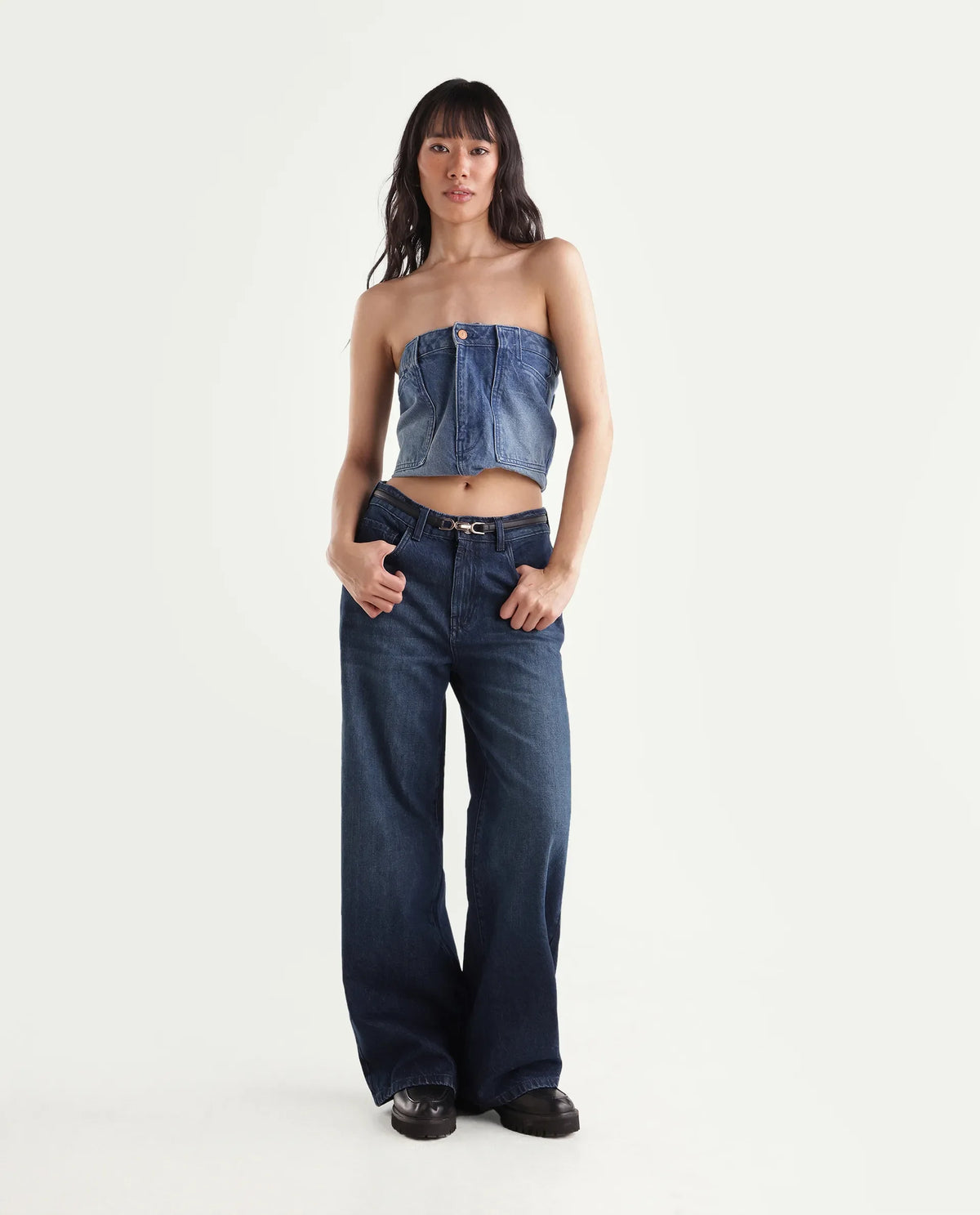 Rareism Women's Wyde-1 Dark Blue Cotton Shank And Zipper Sculpt High Wide Plain Jeans