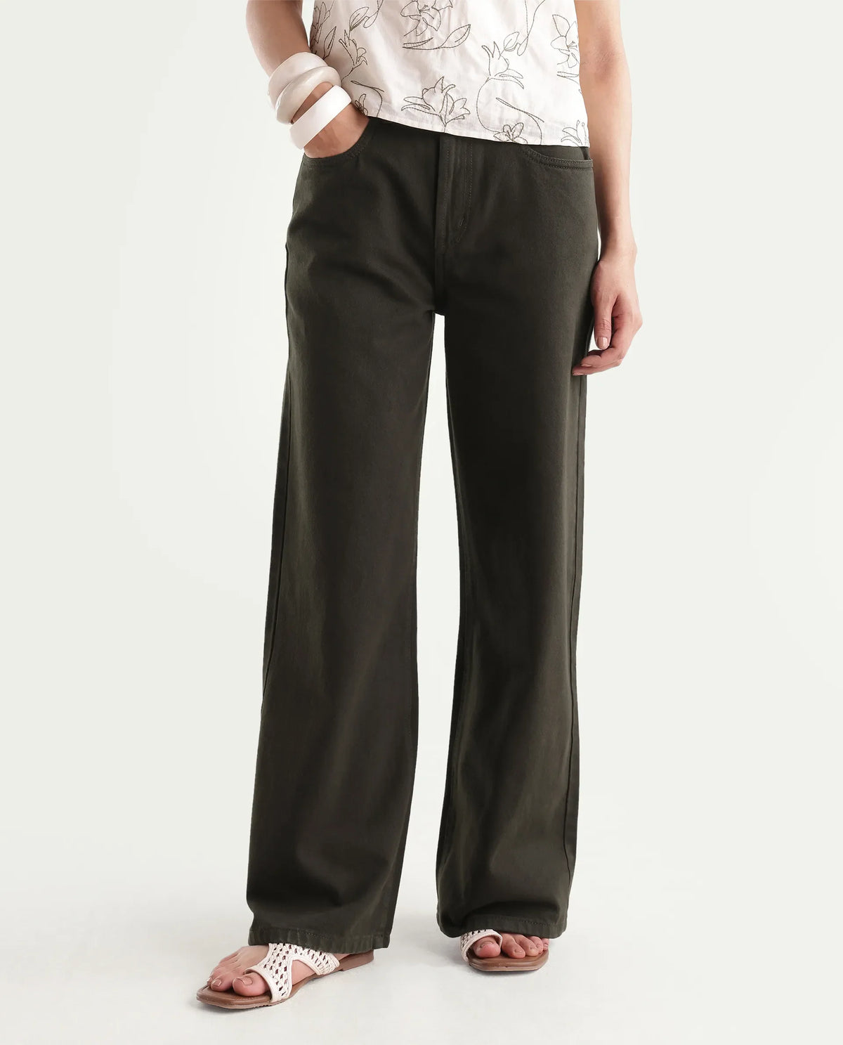 Rareism Women's Wyde-2 Dark Green Cotton Shank And Zipper Sculpt High Wide Plain Jeans