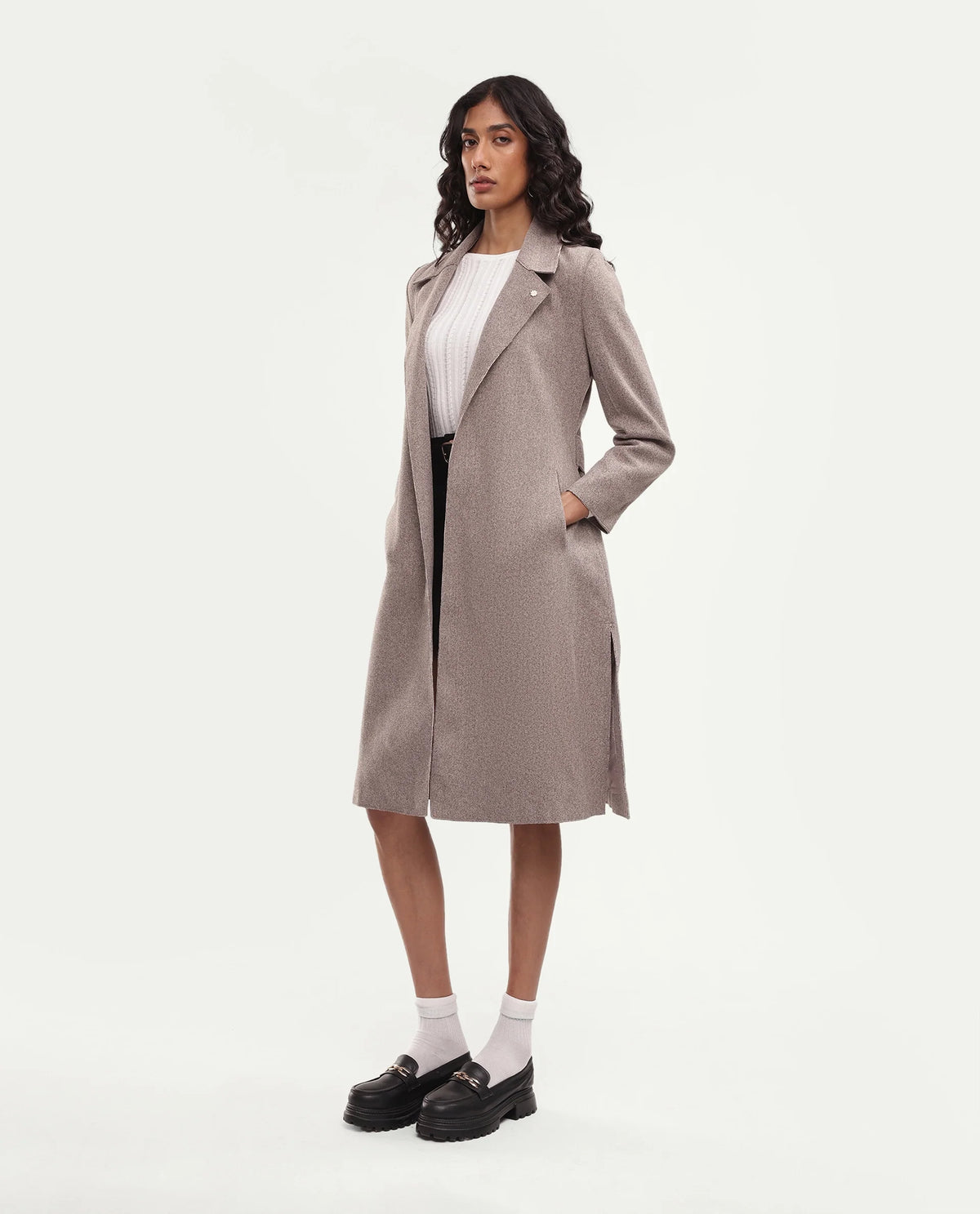 Rareism Women's Gisboryaw26 Dusky Beige Polyester Blend Lapel Neck Regular Plain Coat