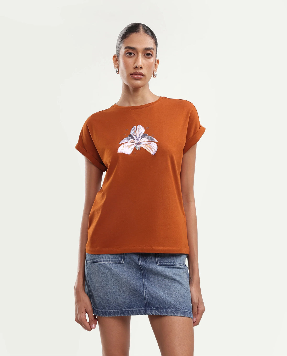 Rareism Women's Rolfers Rust Cotton Blend Crew Neck Regular Floral Print T-Shirt