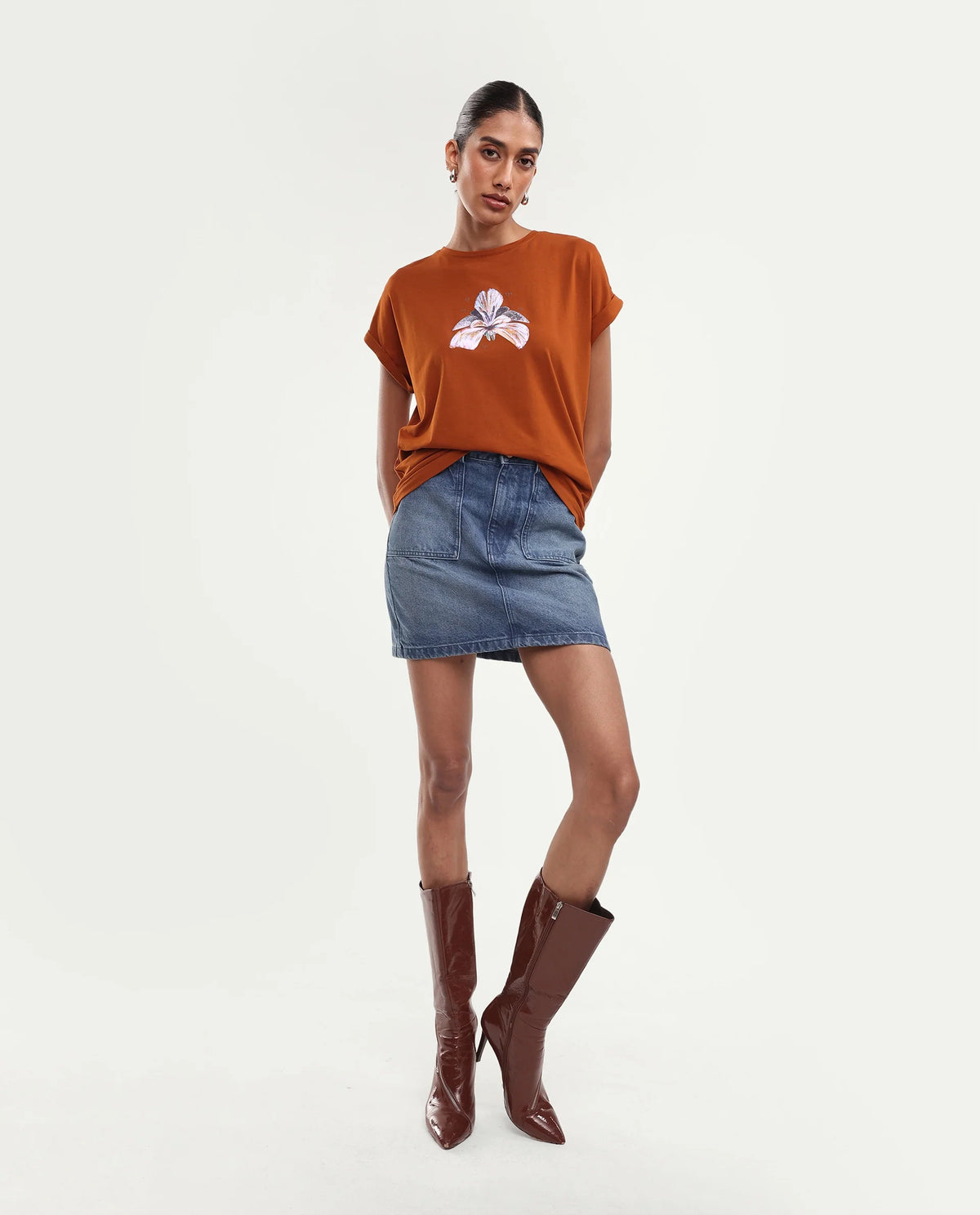 Rareism Women's Rolfers Rust Cotton Blend Crew Neck Regular Floral Print T-Shirt