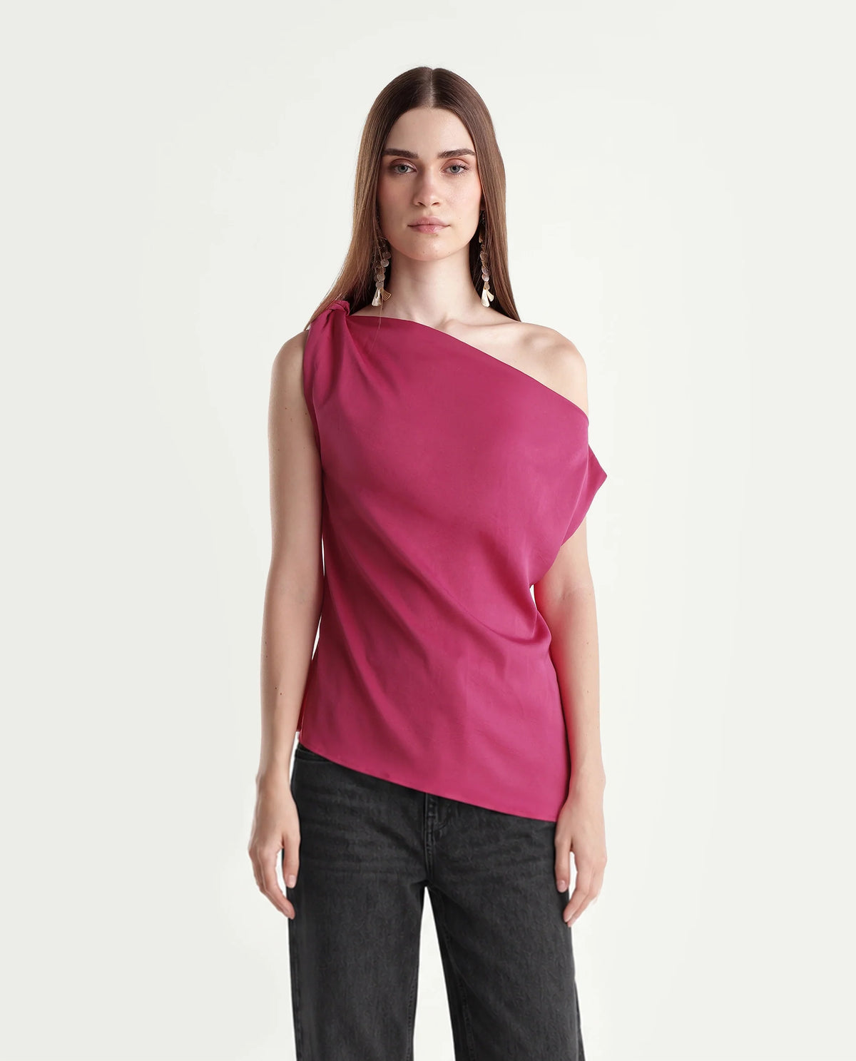 Rareism Women's Pringo Pink Polyester Crew Neck Regular Plain Top