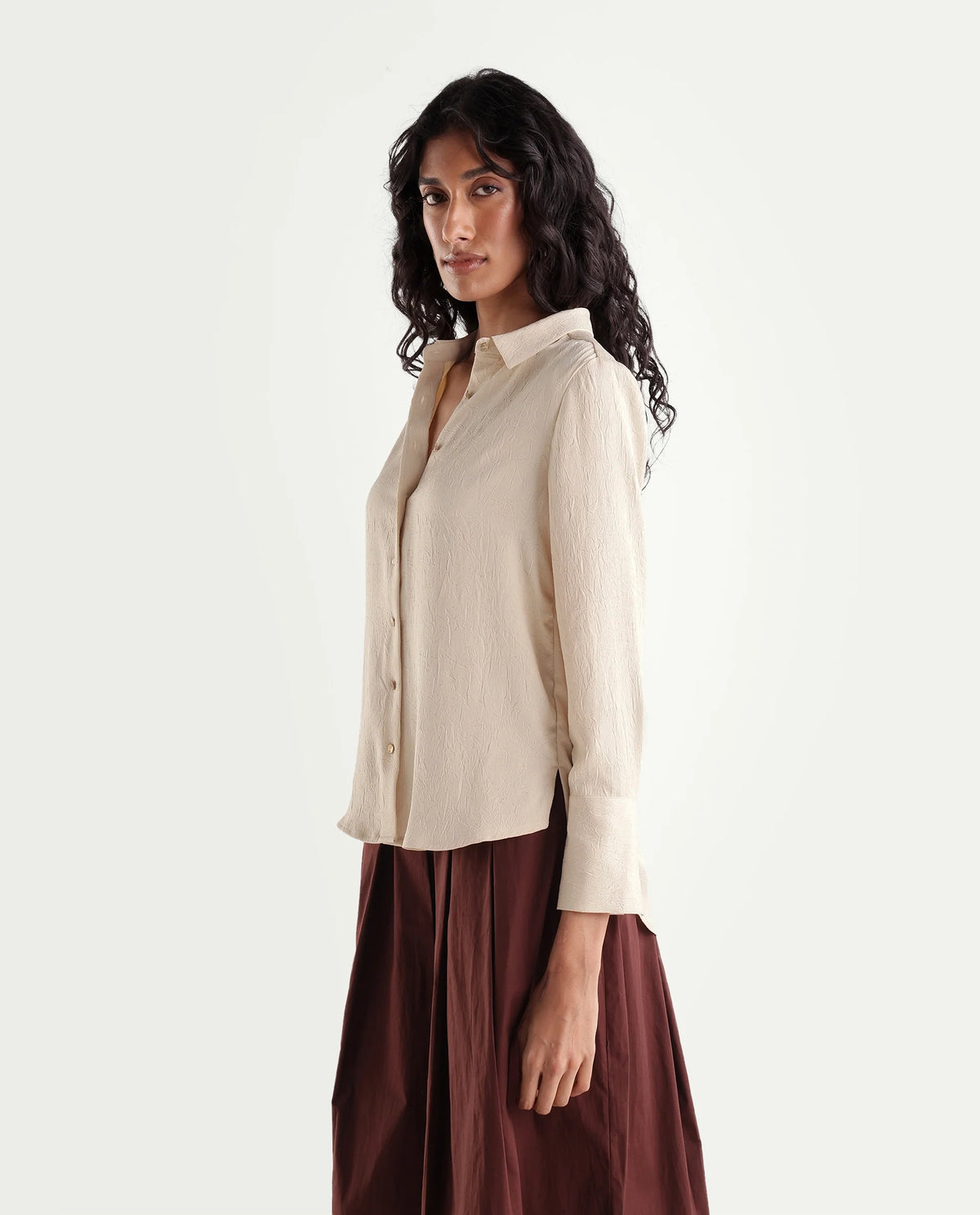 Rareism Women's Pasimo Beige Polyester Spread Collar Regular Plain Shirt