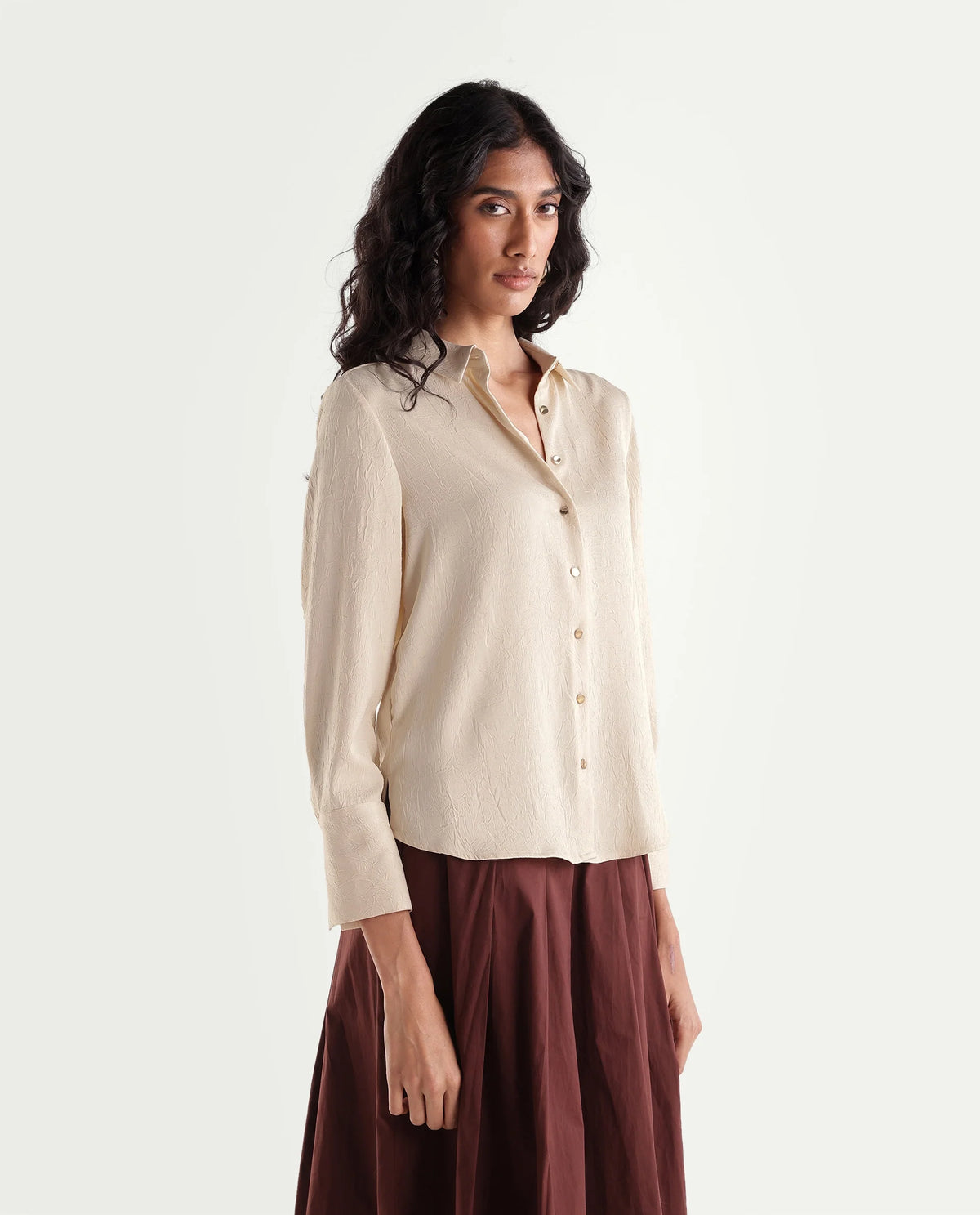 Rareism Women's Pasimo Beige Polyester Spread Collar Regular Plain Shirt