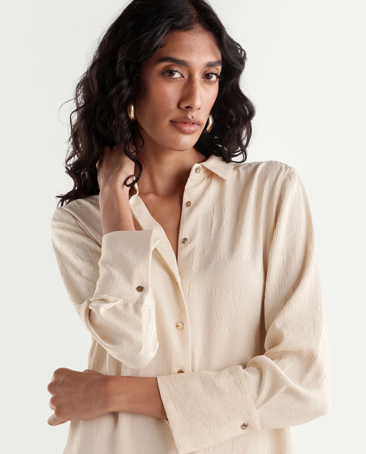 Rareism Women's Pasimo Beige Polyester Spread Collar Regular Plain Shirt