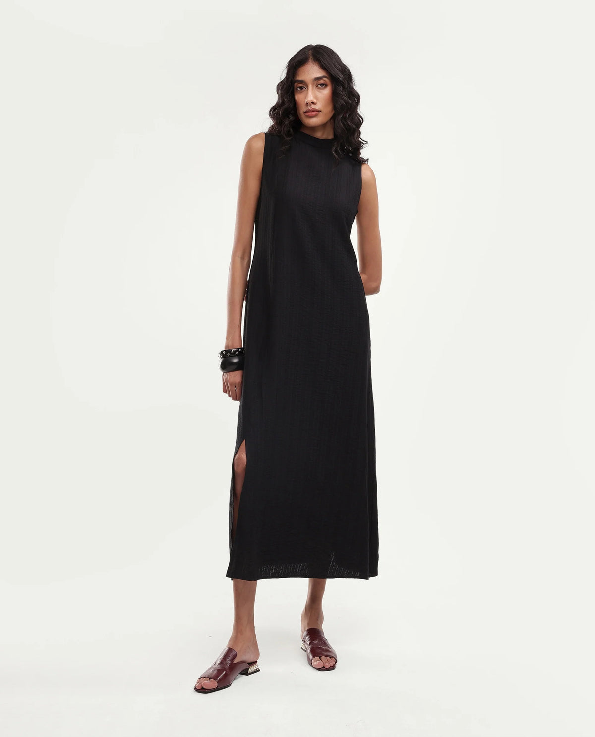 Rareism Women's Quina Black Viscose Blend High Neck A-Line Jacquard Dress