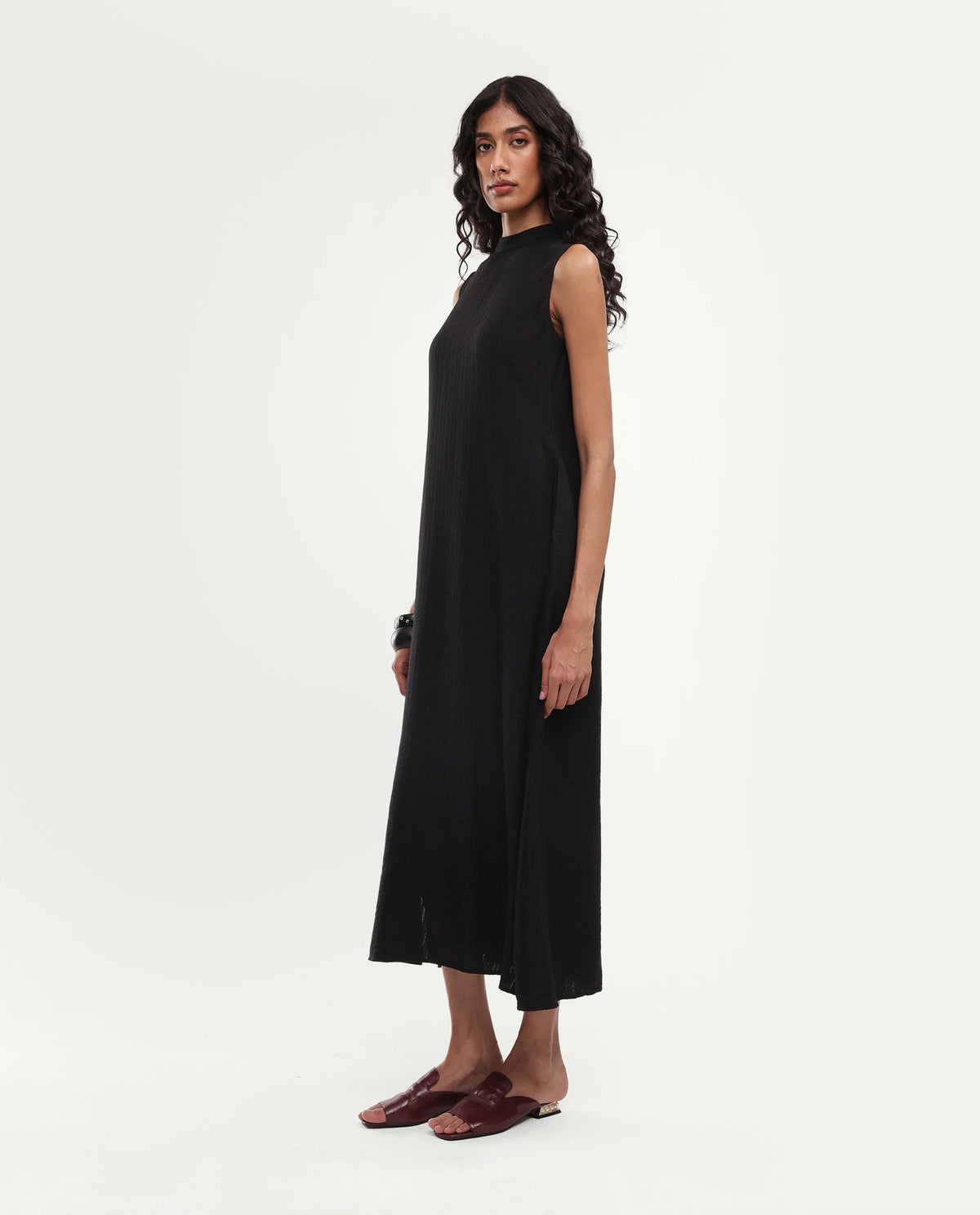 Rareism Women's Quina Black Viscose Blend High Neck A-Line Jacquard Dress