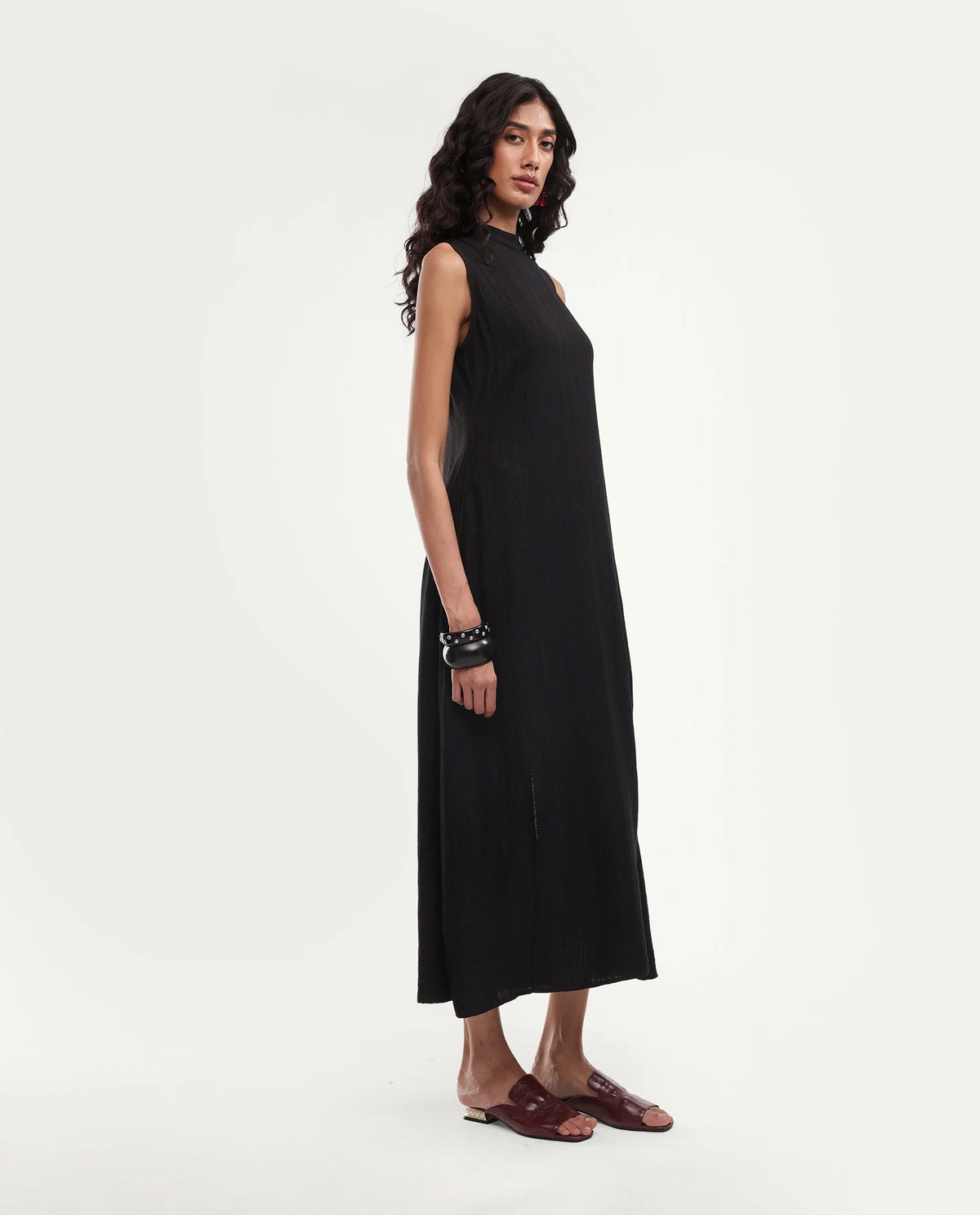 Rareism Women's Quina Black Viscose Blend High Neck A-Line Jacquard Dress