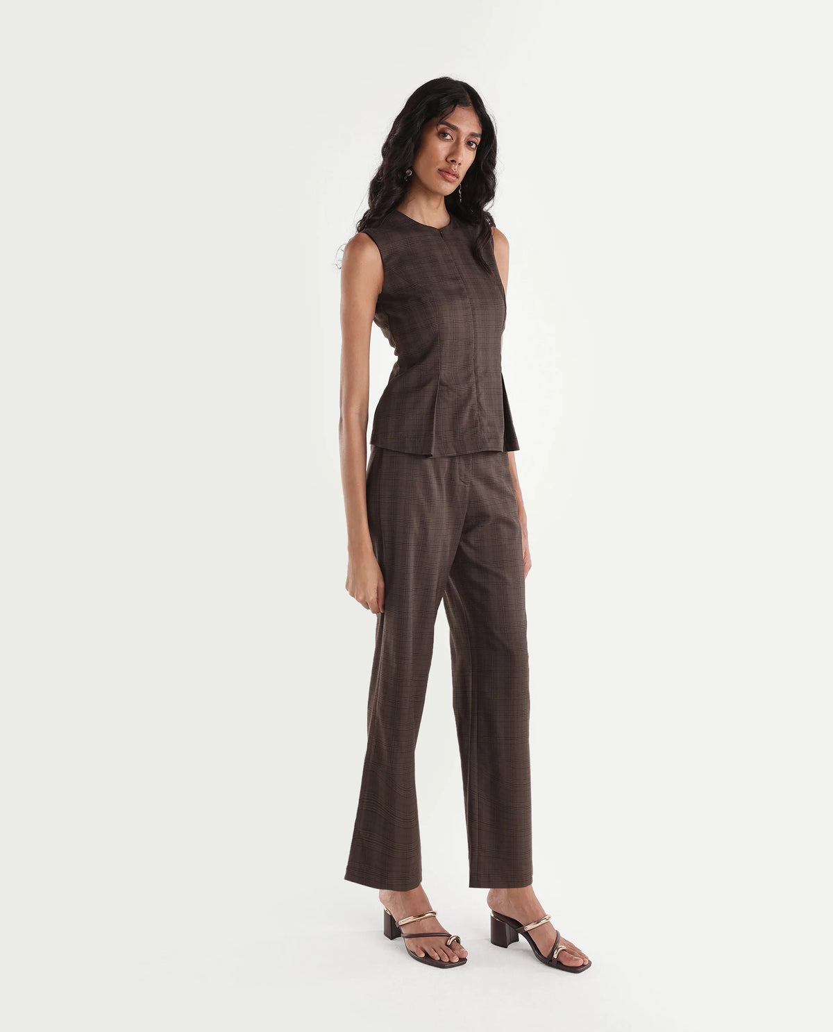 Rareism Women's Quzor-B Brown Polyester Blend Straight Checked Trouser