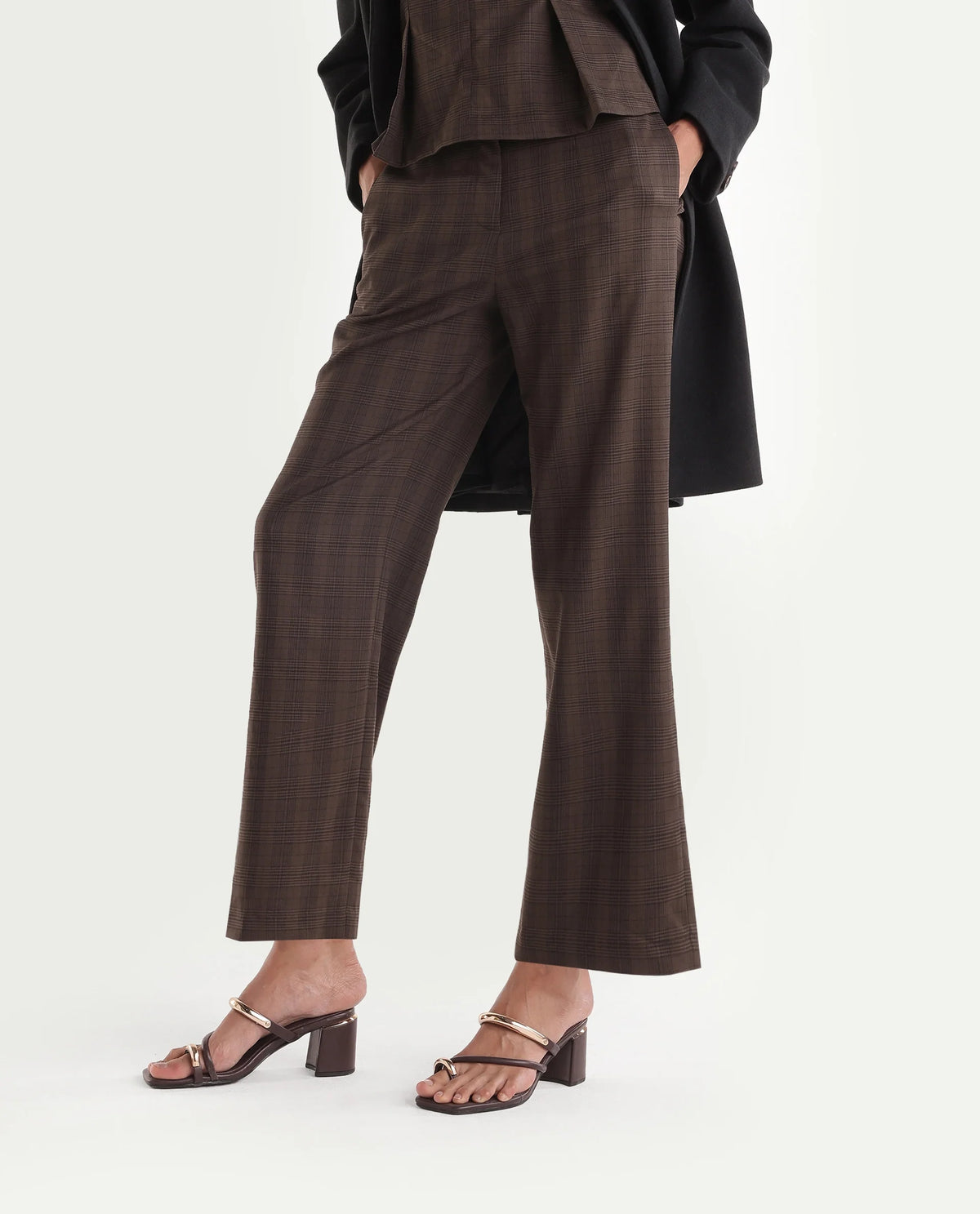 Rareism Women's Quzor-B Brown Polyester Blend Straight Checked Trouser