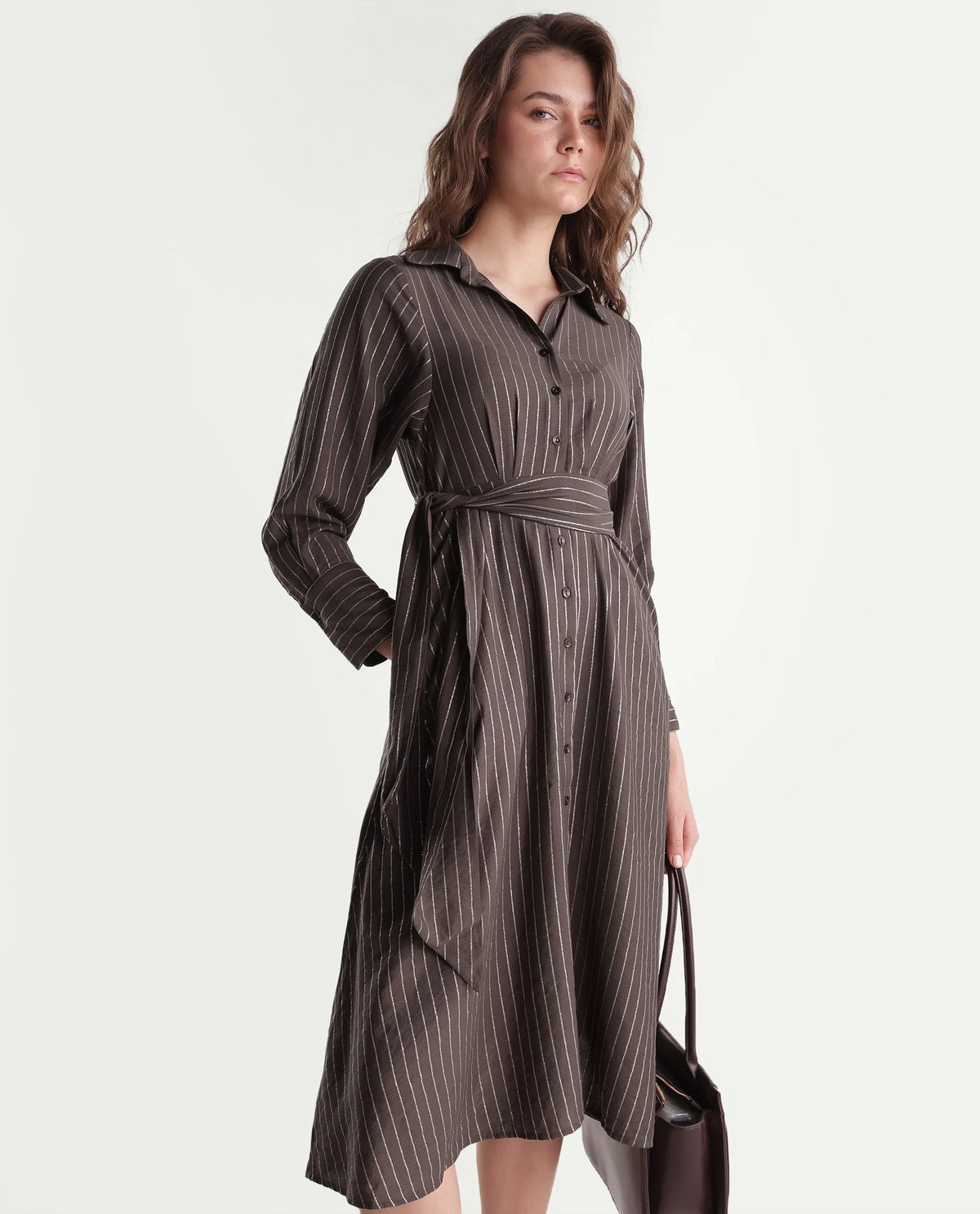 Rareism Women's Qeen Brown Viscose Blend Spread Collar A-Line Striped Dress