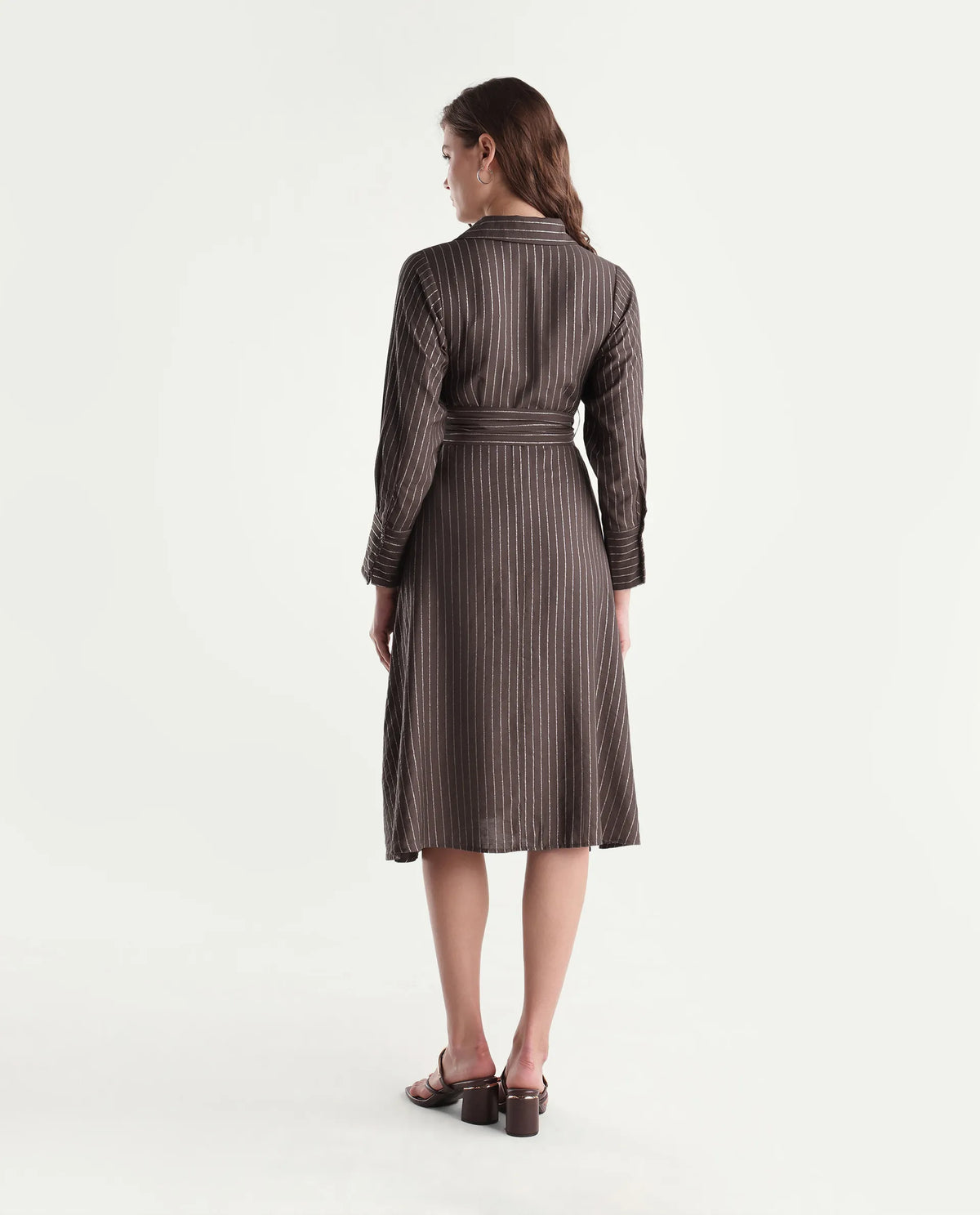 Rareism Women's Qeen Brown Viscose Blend Spread Collar A-Line Striped Dress