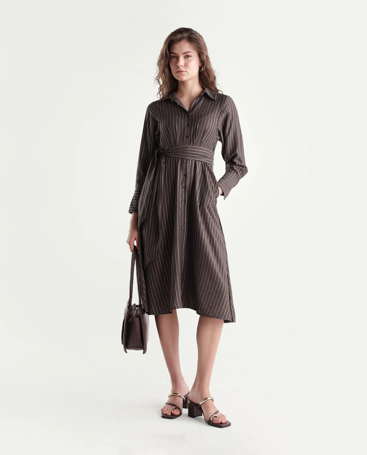 Rareism Women's Qeen Brown Viscose Blend Spread Collar A-Line Striped Dress