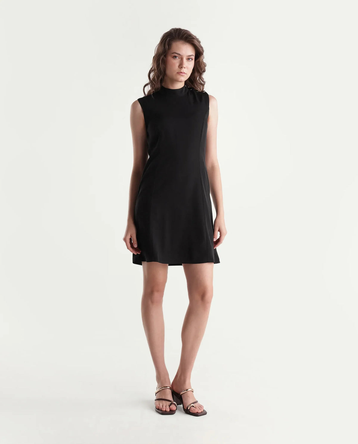Rareism Women's Qory Black Polyester High Neck A-Line Plain Dress