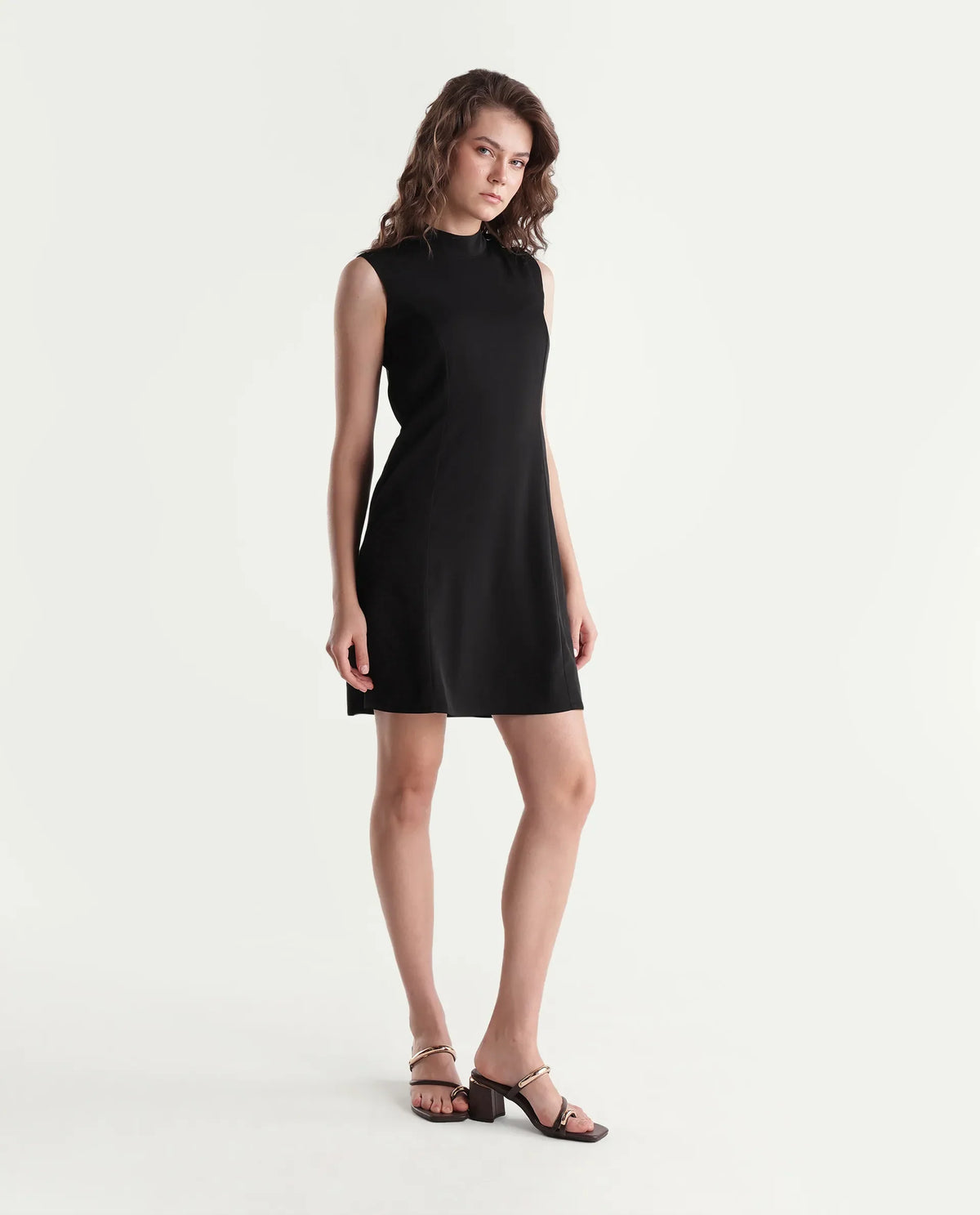 Rareism Women's Qory Black Polyester High Neck A-Line Plain Dress