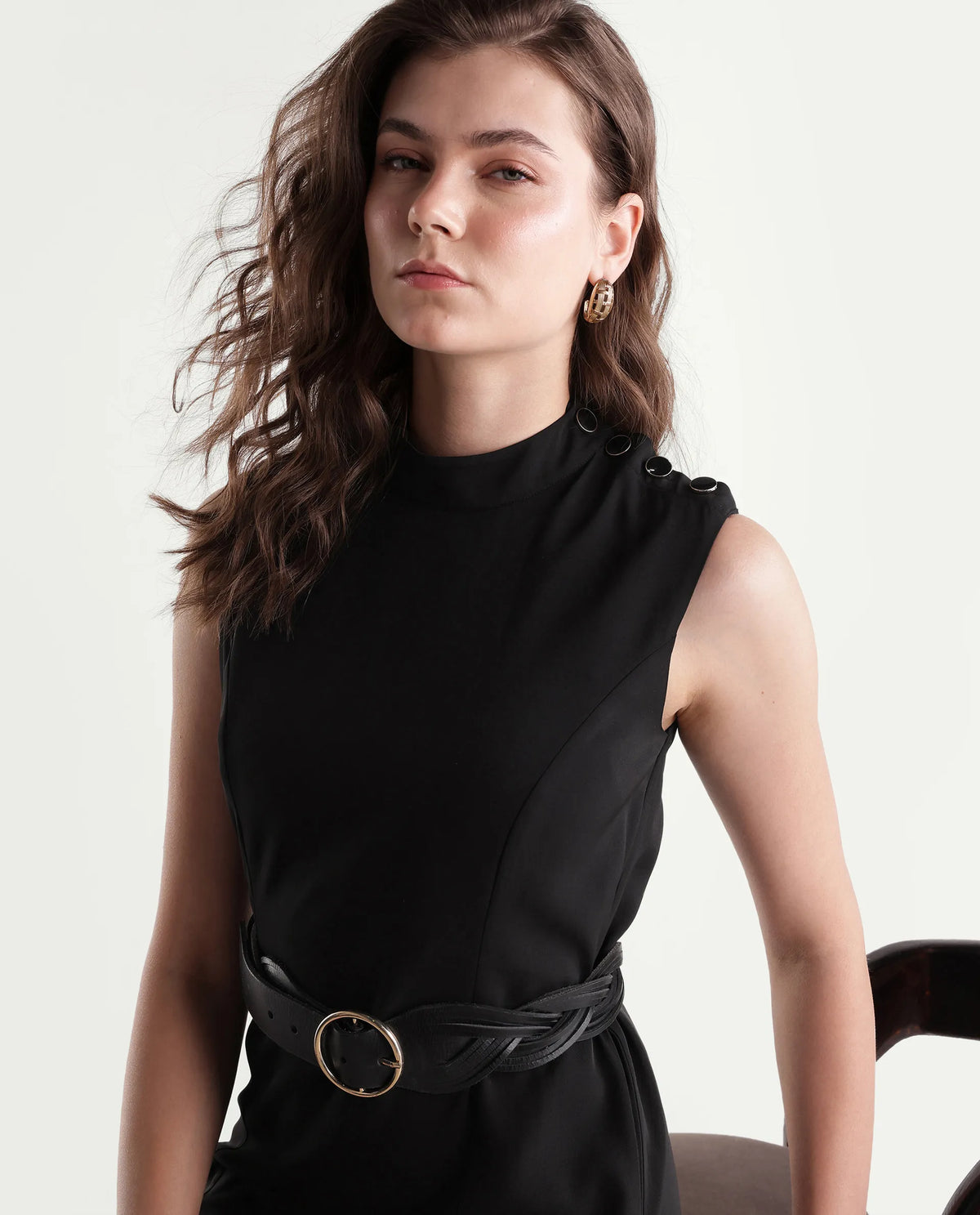 Rareism Women's Qory Black Polyester High Neck A-Line Plain Dress