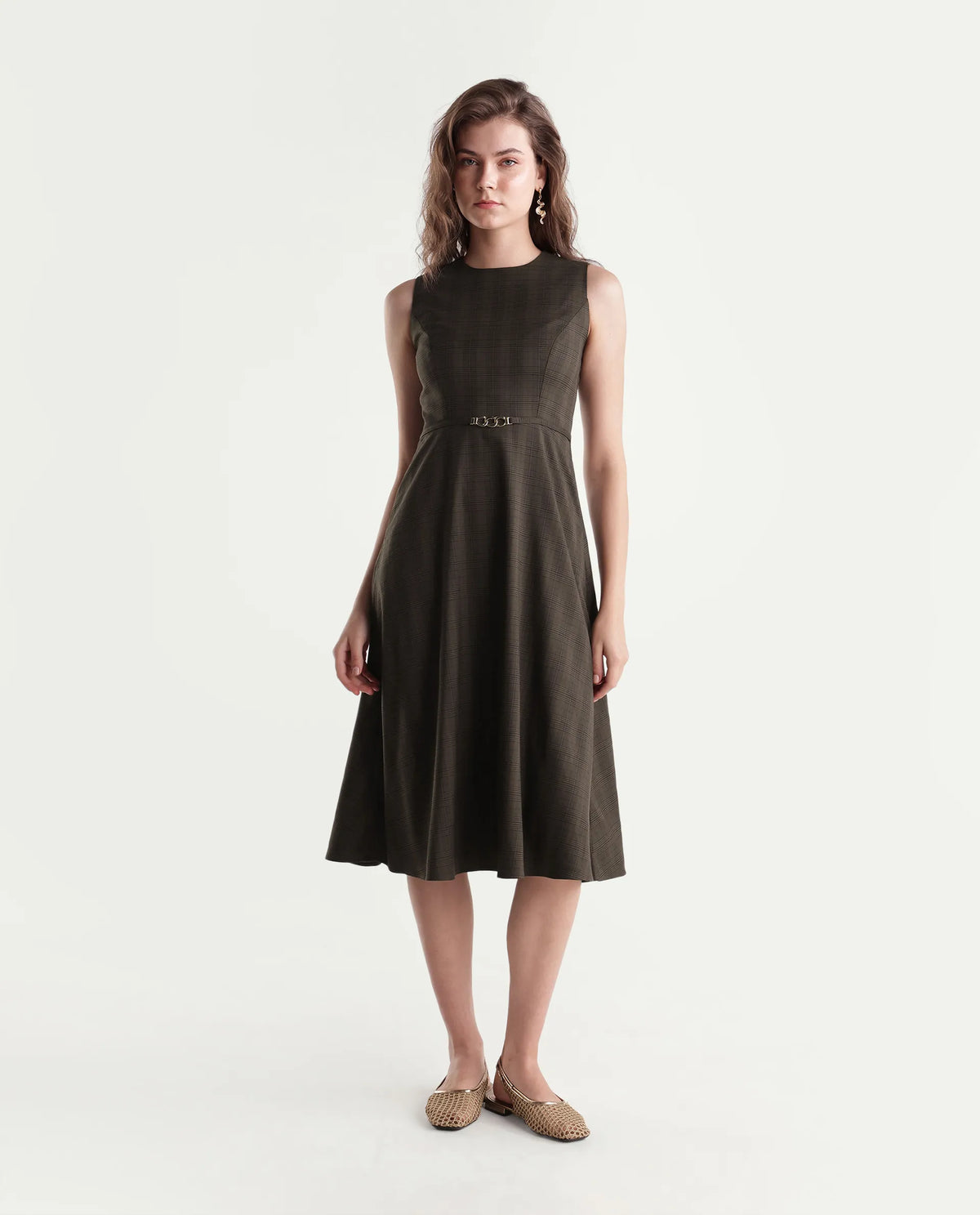 Rareism Women's Quseno Brown Polyester Blend Crew Neck Fit And Flare Checked Dress