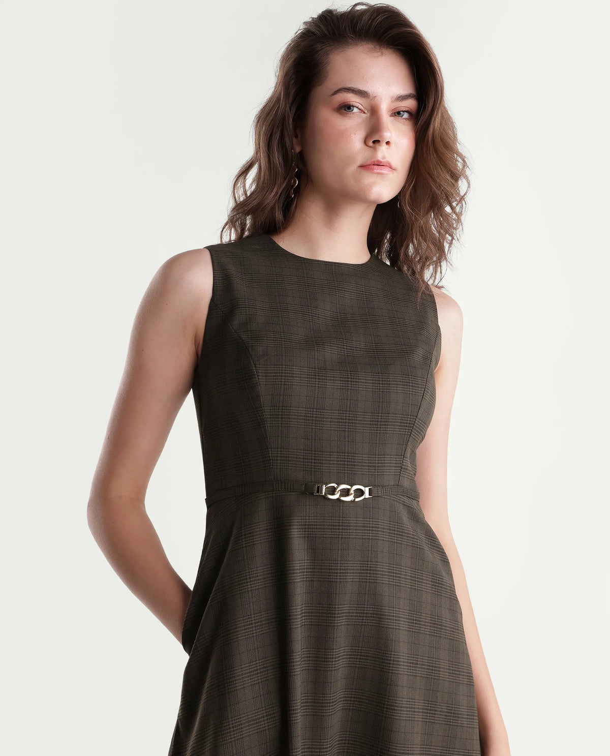 Rareism Women's Quseno Brown Polyester Blend Crew Neck Fit And Flare Checked Dress