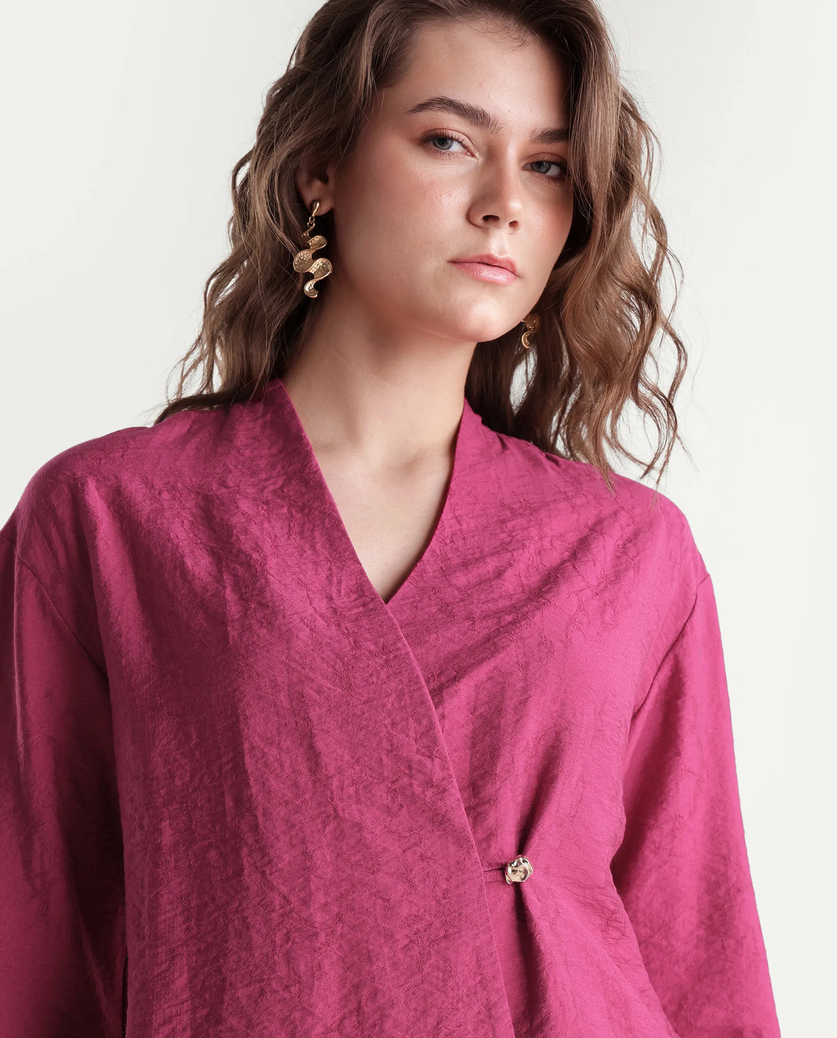 Rareism Women's Willis-T Dark Pink Viscose Blend Over Lap Wrap Jacquard Top