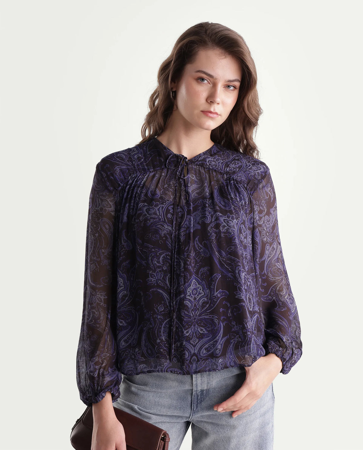Rareism Women's Ducos Brown Viscose Relaxed Paisley Print Top