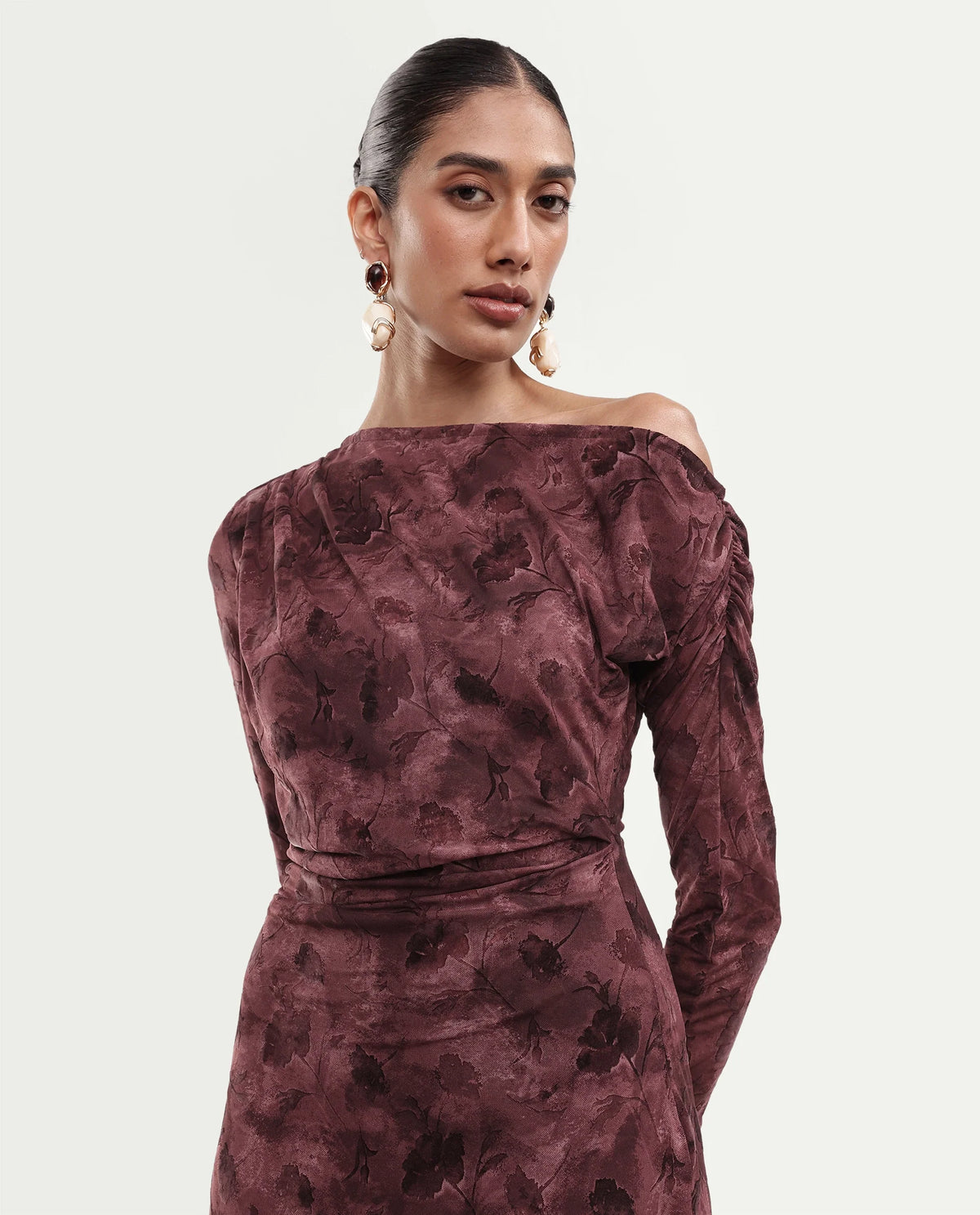 Rareism Women's Perth Light Maroon Polyester Blend One Shoulder Bodycon Floral Print Dress